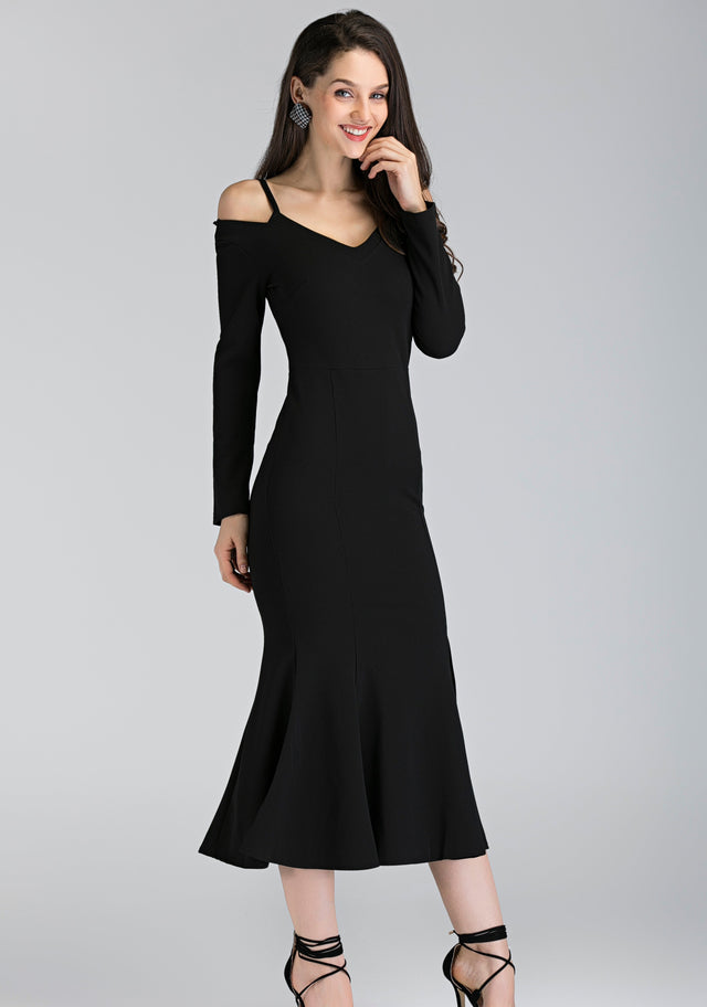 Black Trumpet Slit Midi Dress