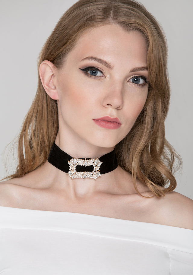 Deema Al Asadi - Black Velvet Diamond Buckle Choker Necklace