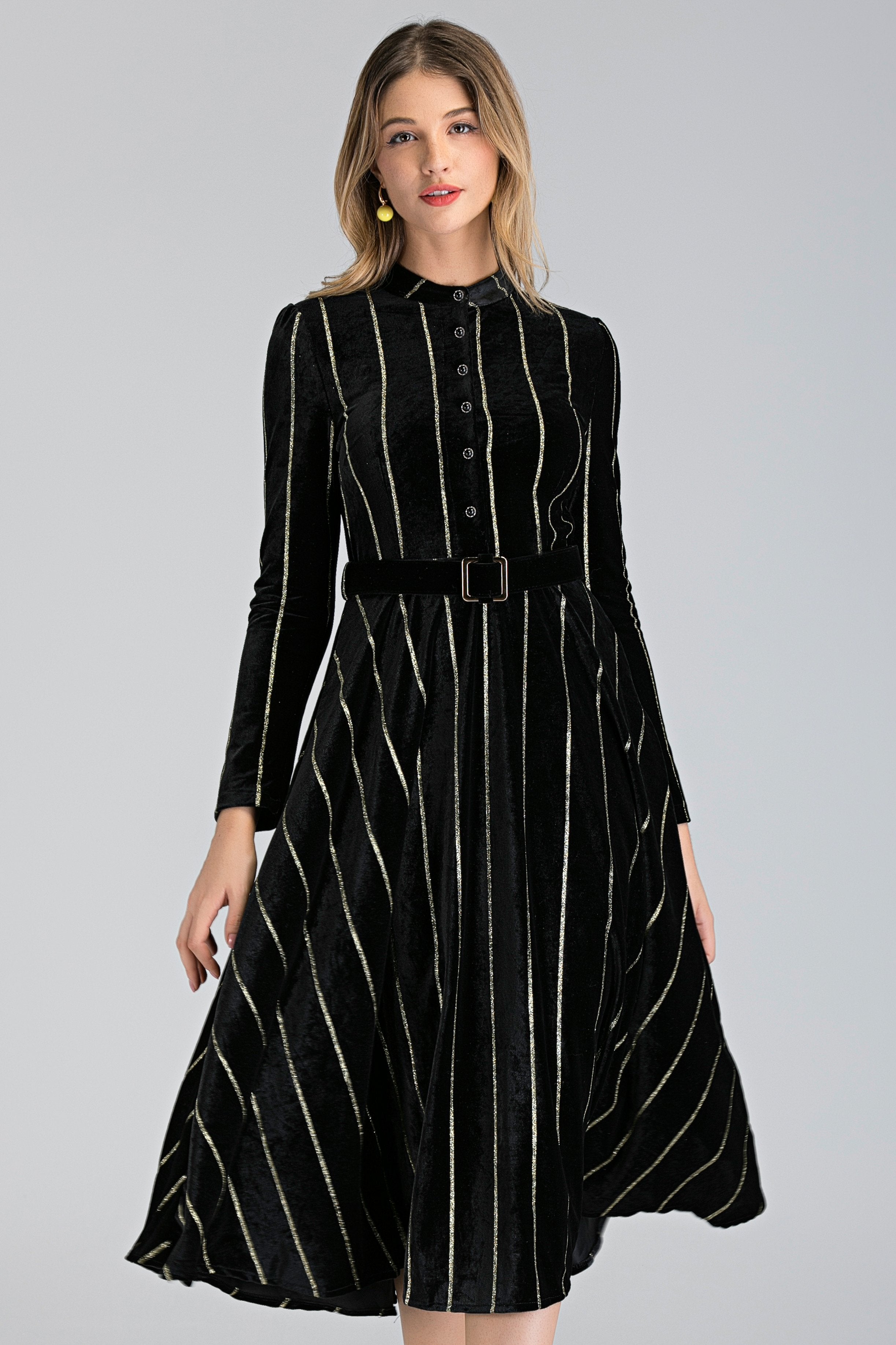 Black Velvet Gold Stripe Maxi Dress