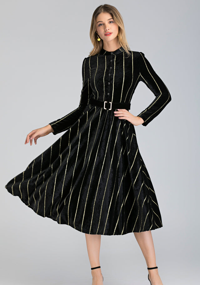 Black Velvet Gold Stripe Maxi Dress