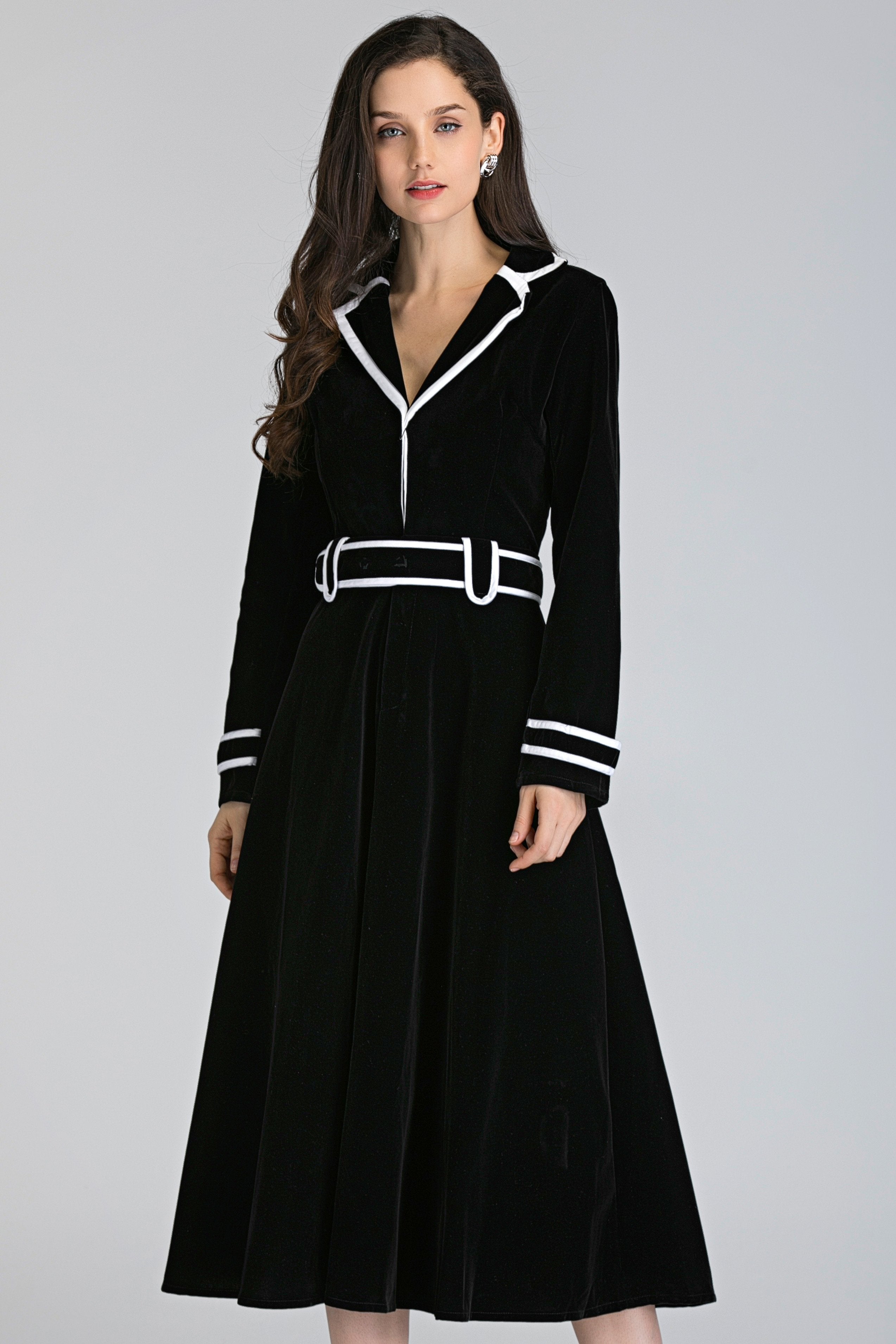 Black Velvet White Collar Trim Midi Dress