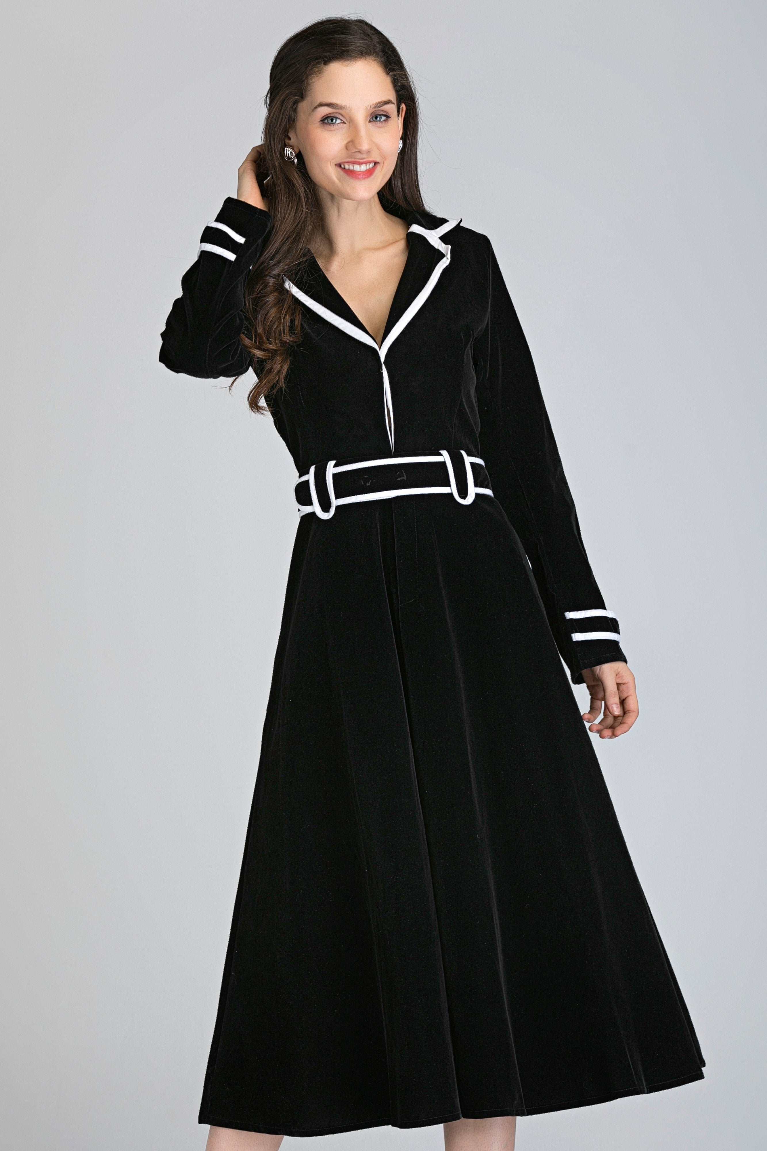 Black Velvet White Collar Trim Midi Dress