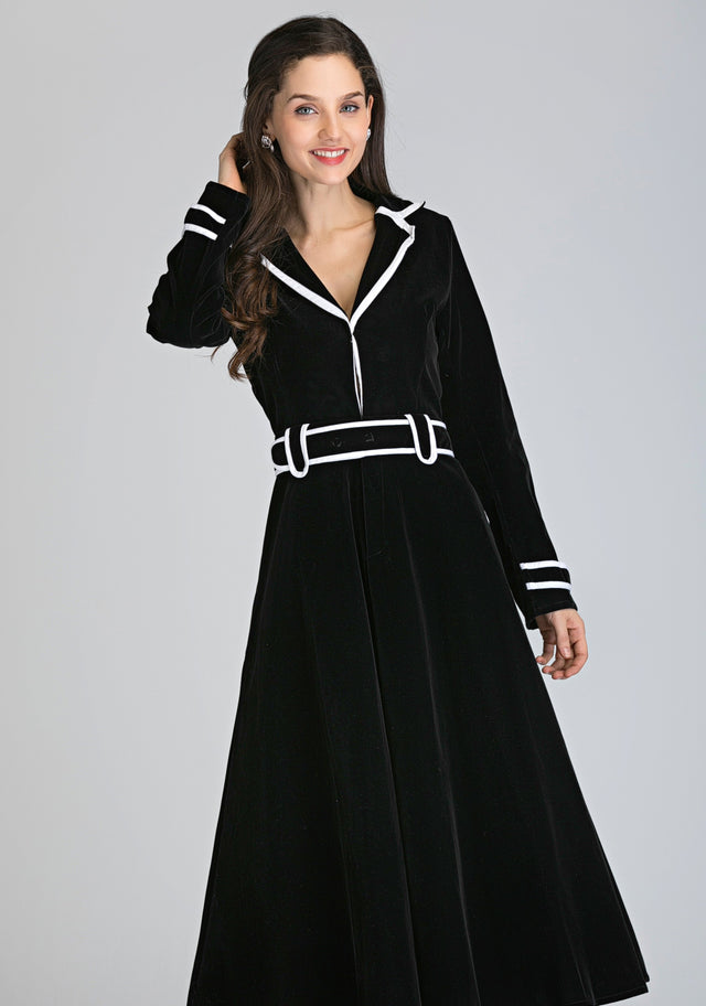 Black Velvet White Collar Trim Midi Dress