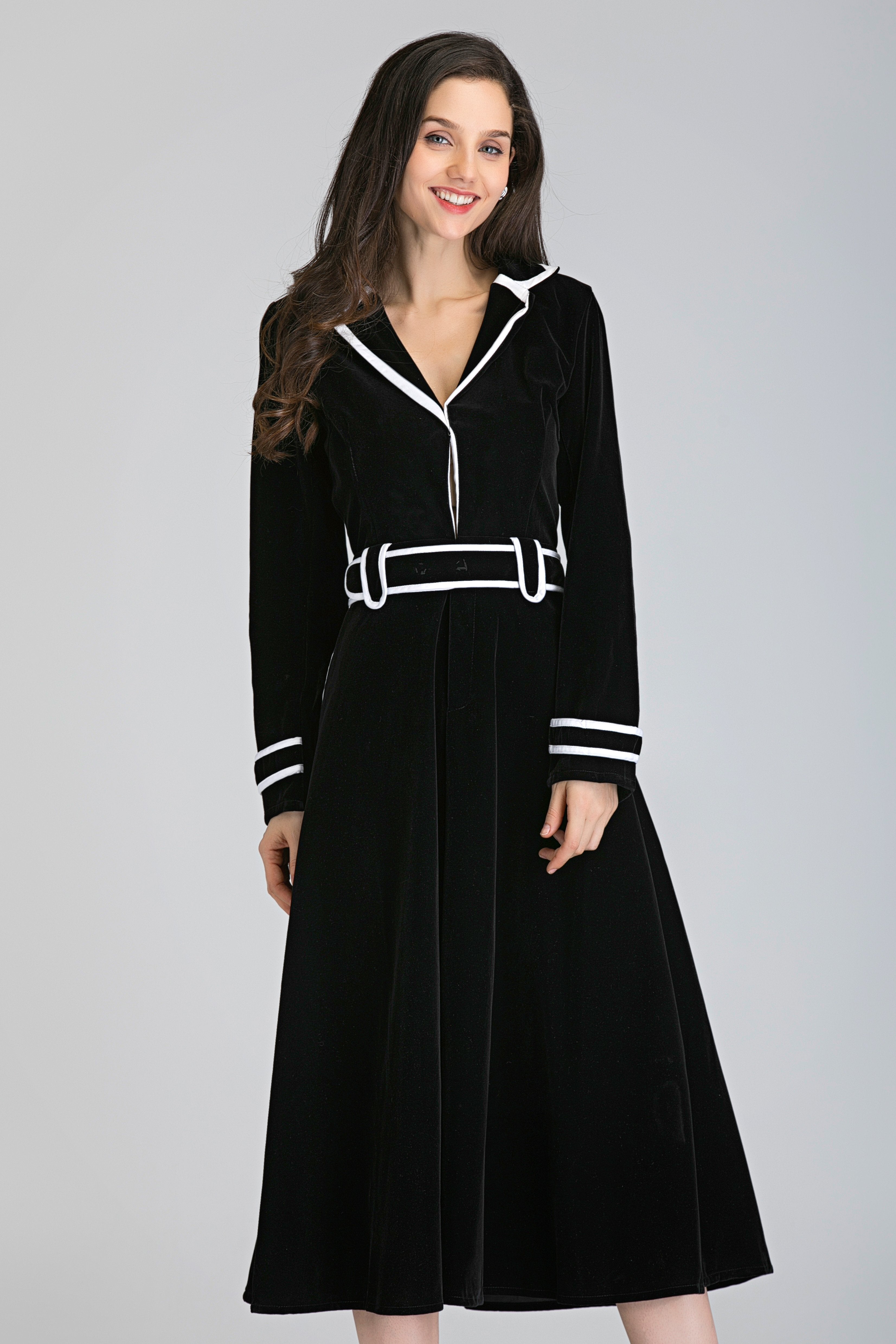 Black Velvet White Collar Trim Midi Dress