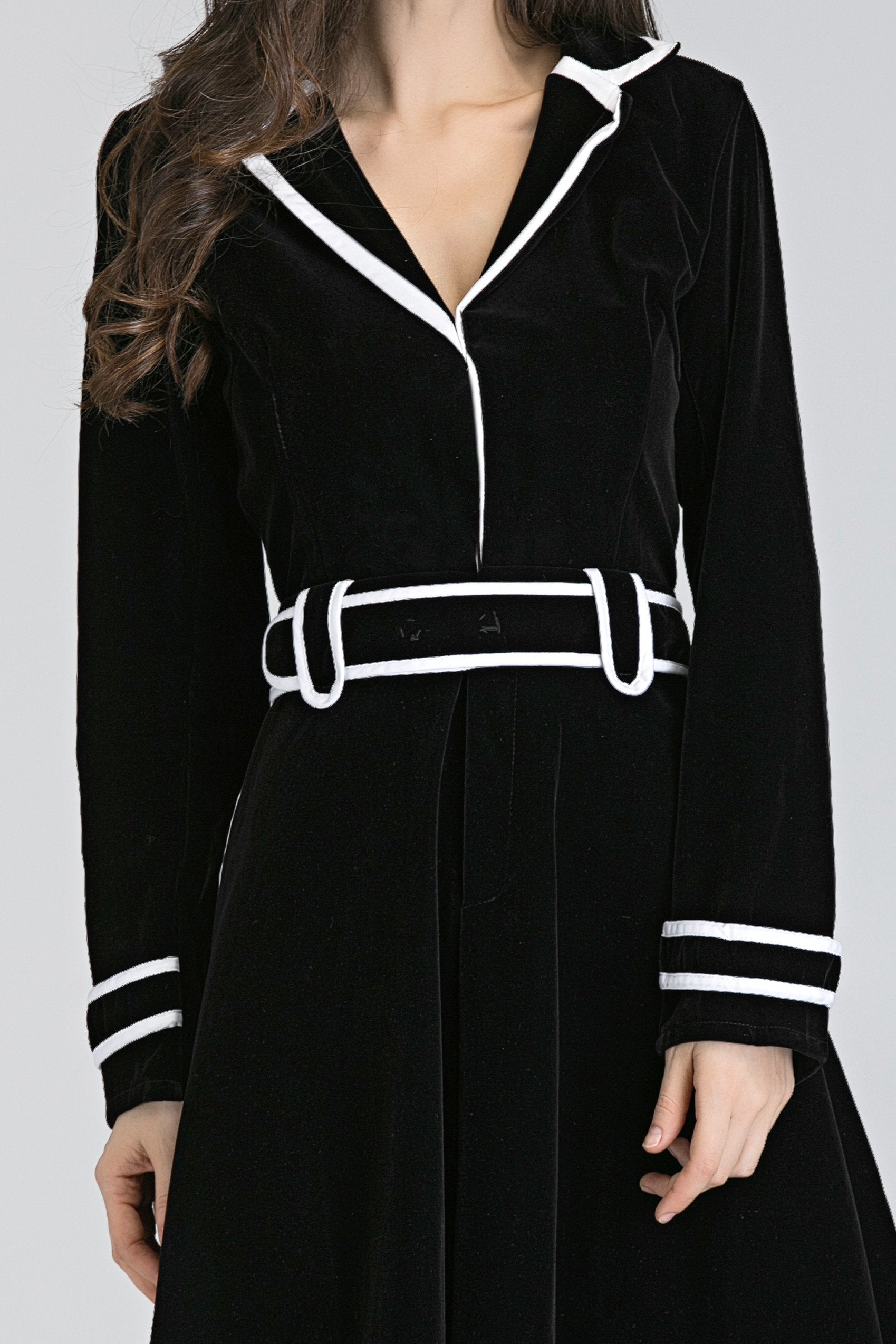 Black Velvet White Collar Trim Midi Dress