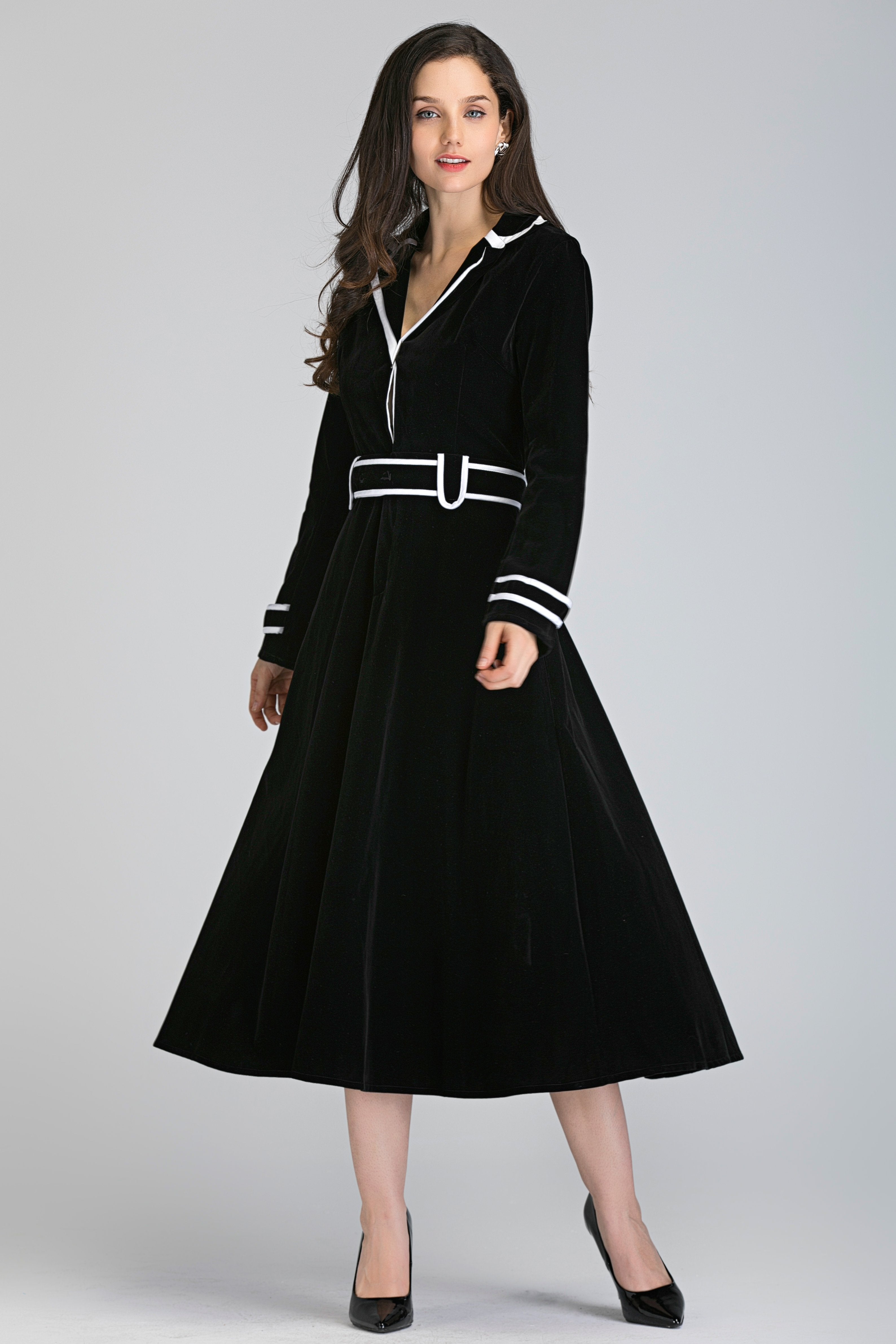 Black Velvet White Collar Trim Midi Dress