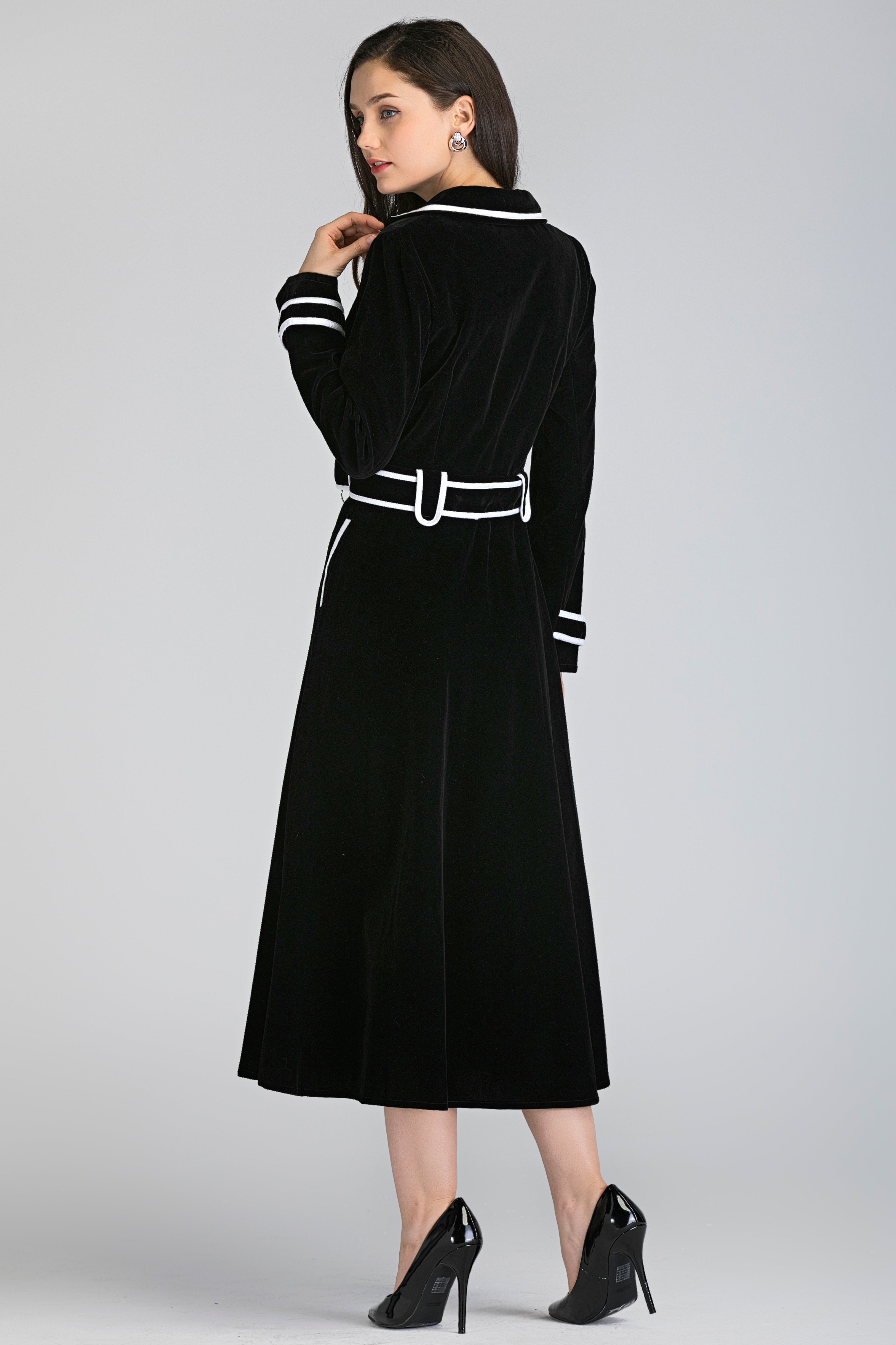 Black Velvet White Collar Trim Midi Dress