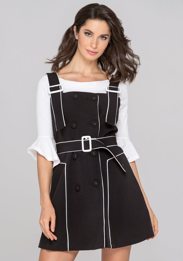 Black White Trim Double Button Two Piece Mini Dress