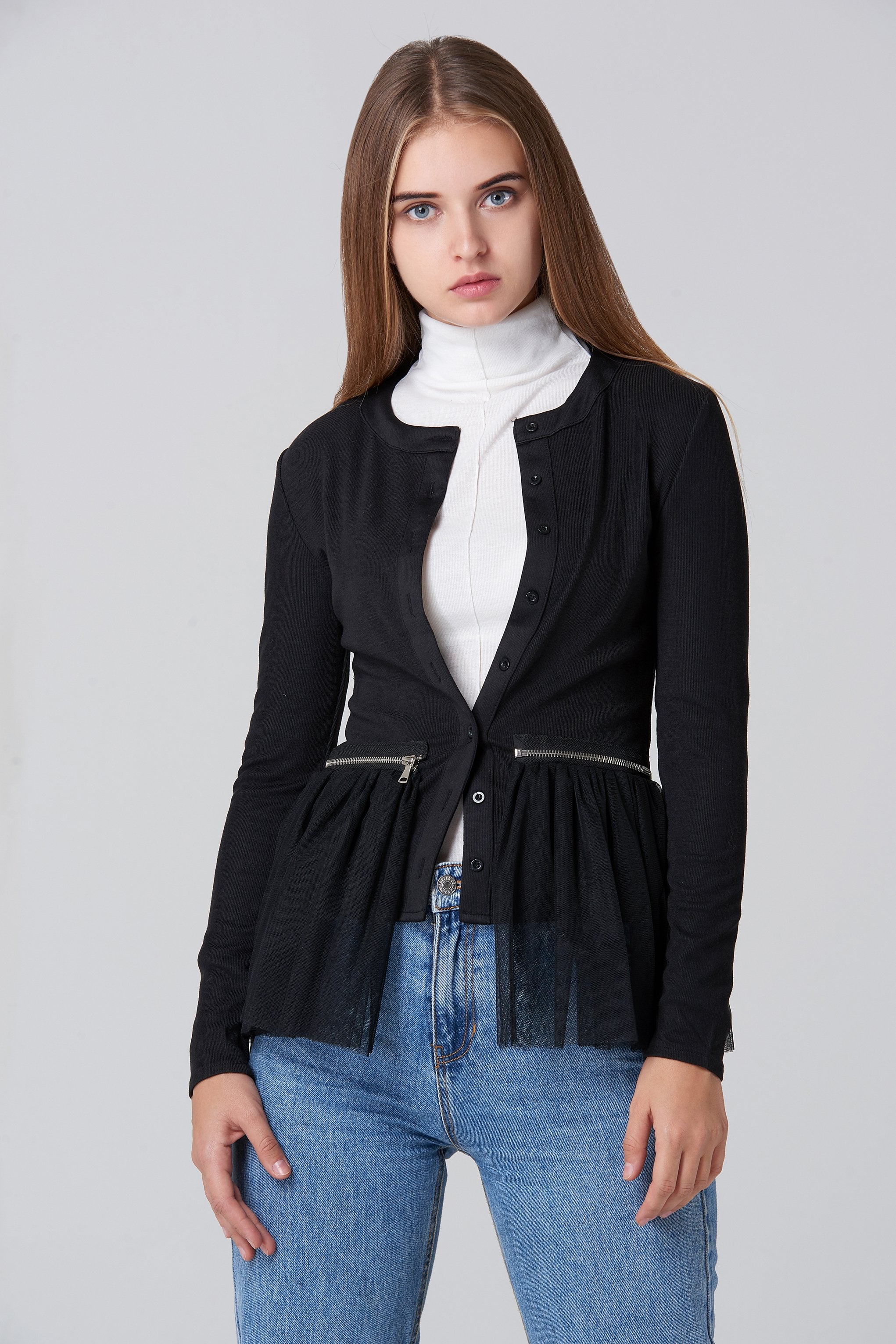 Black Zip Flounced Tulle Panel Cardigan