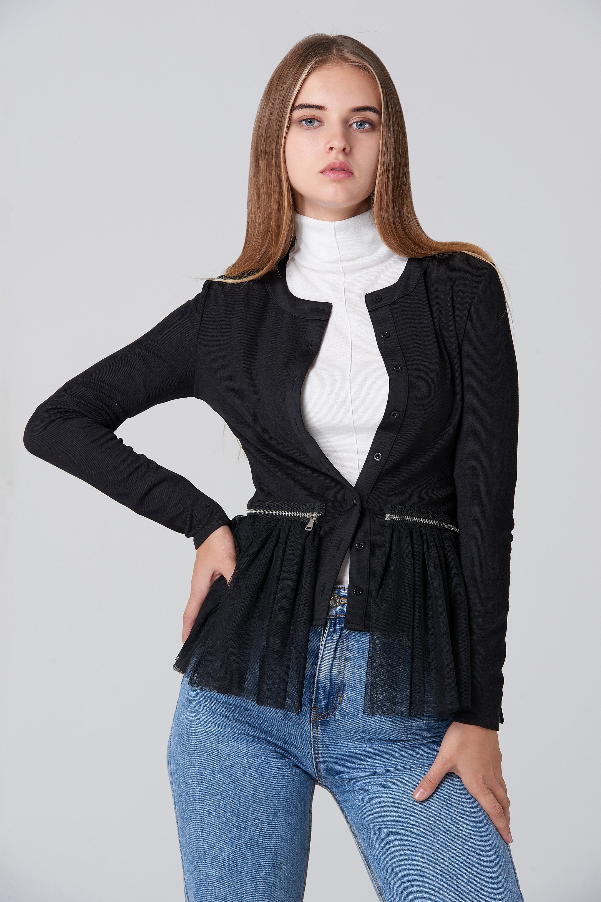 Black Zip Flounced Tulle Panel Cardigan