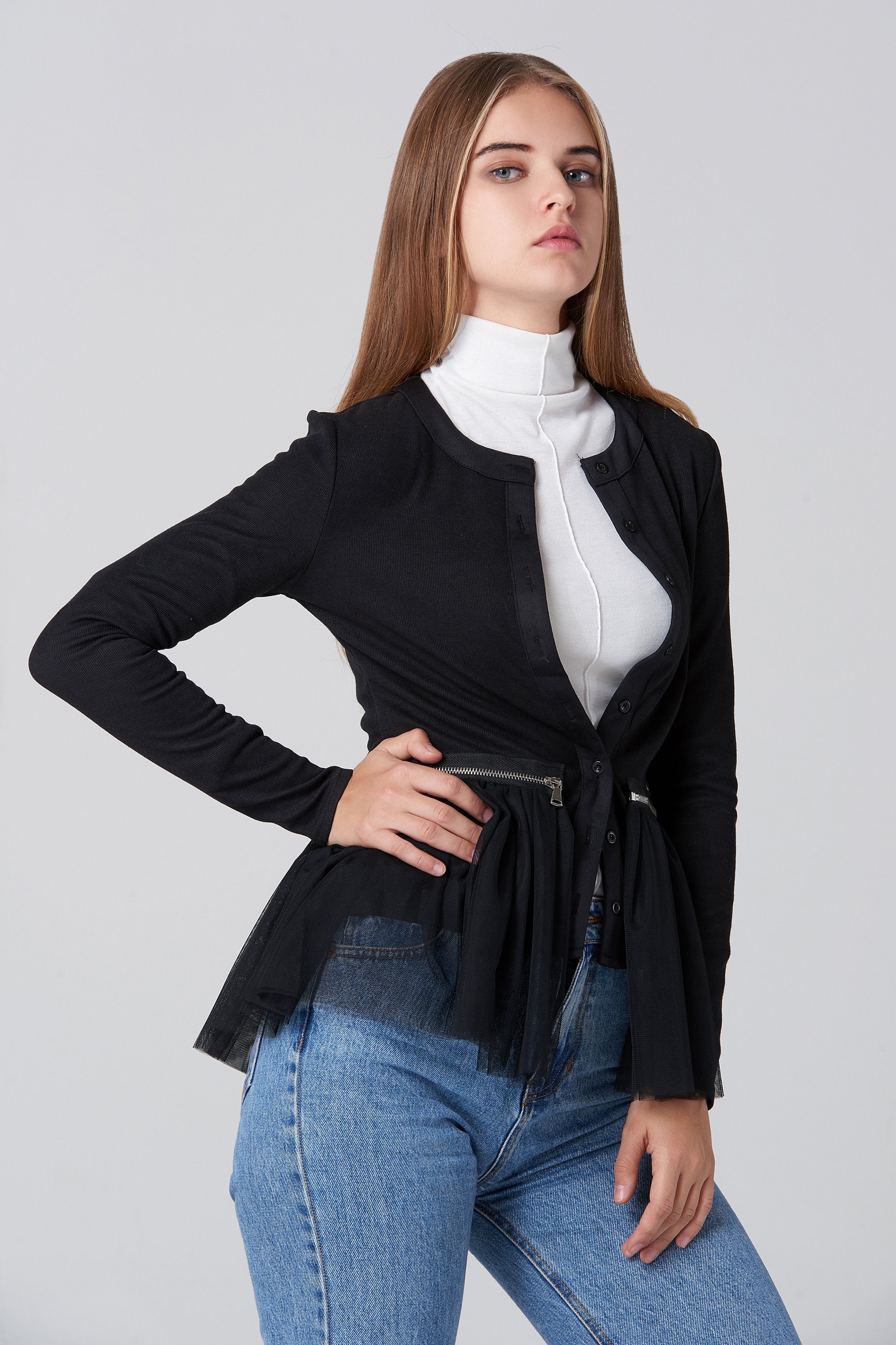 Black Zip Flounced Tulle Panel Cardigan