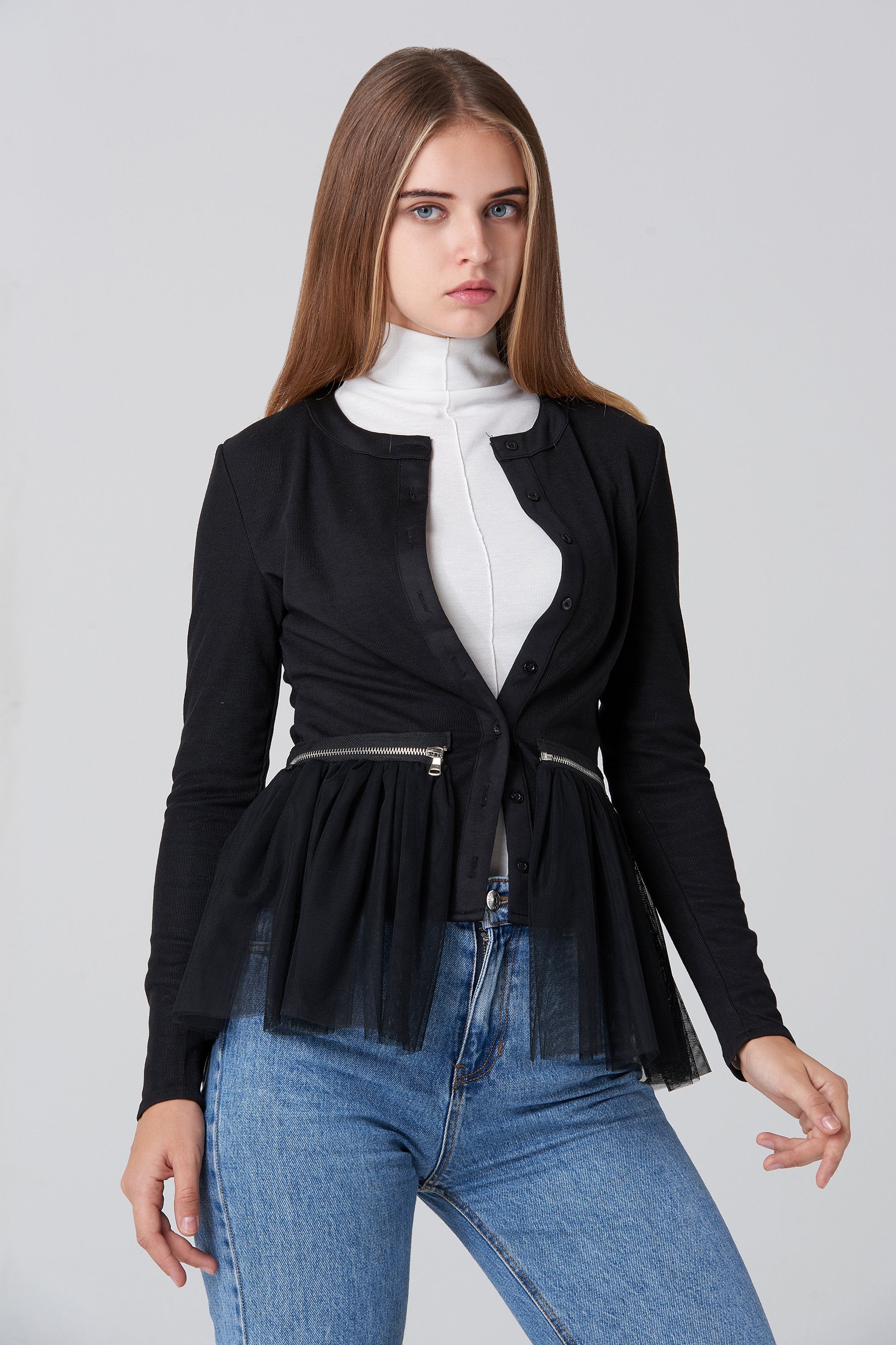 Black Zip Flounced Tulle Panel Cardigan