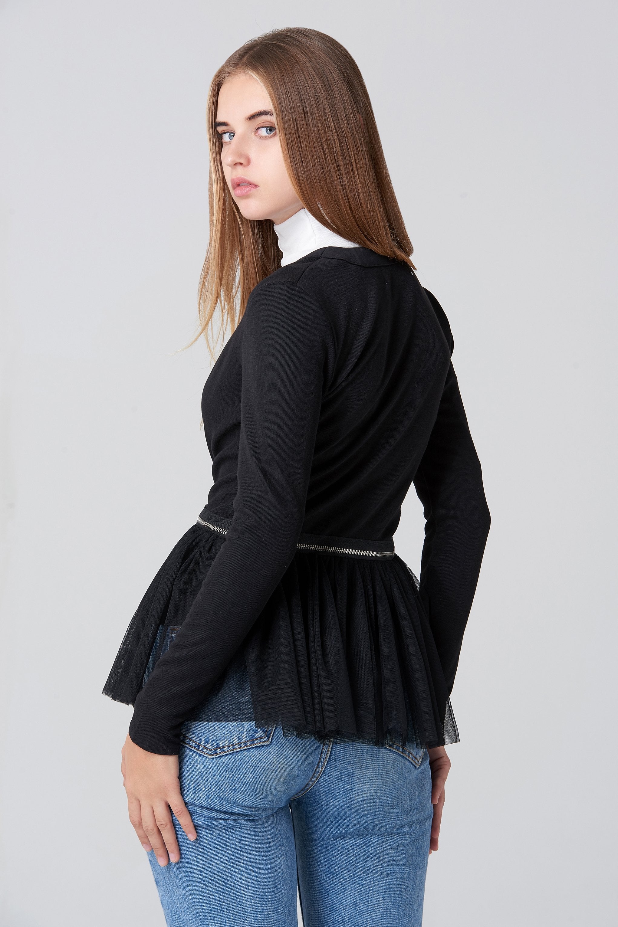 Black Zip Flounced Tulle Panel Cardigan