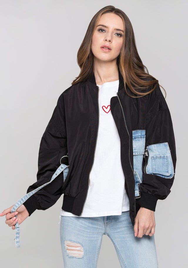 Black and Denim Panel Bomber Jacket