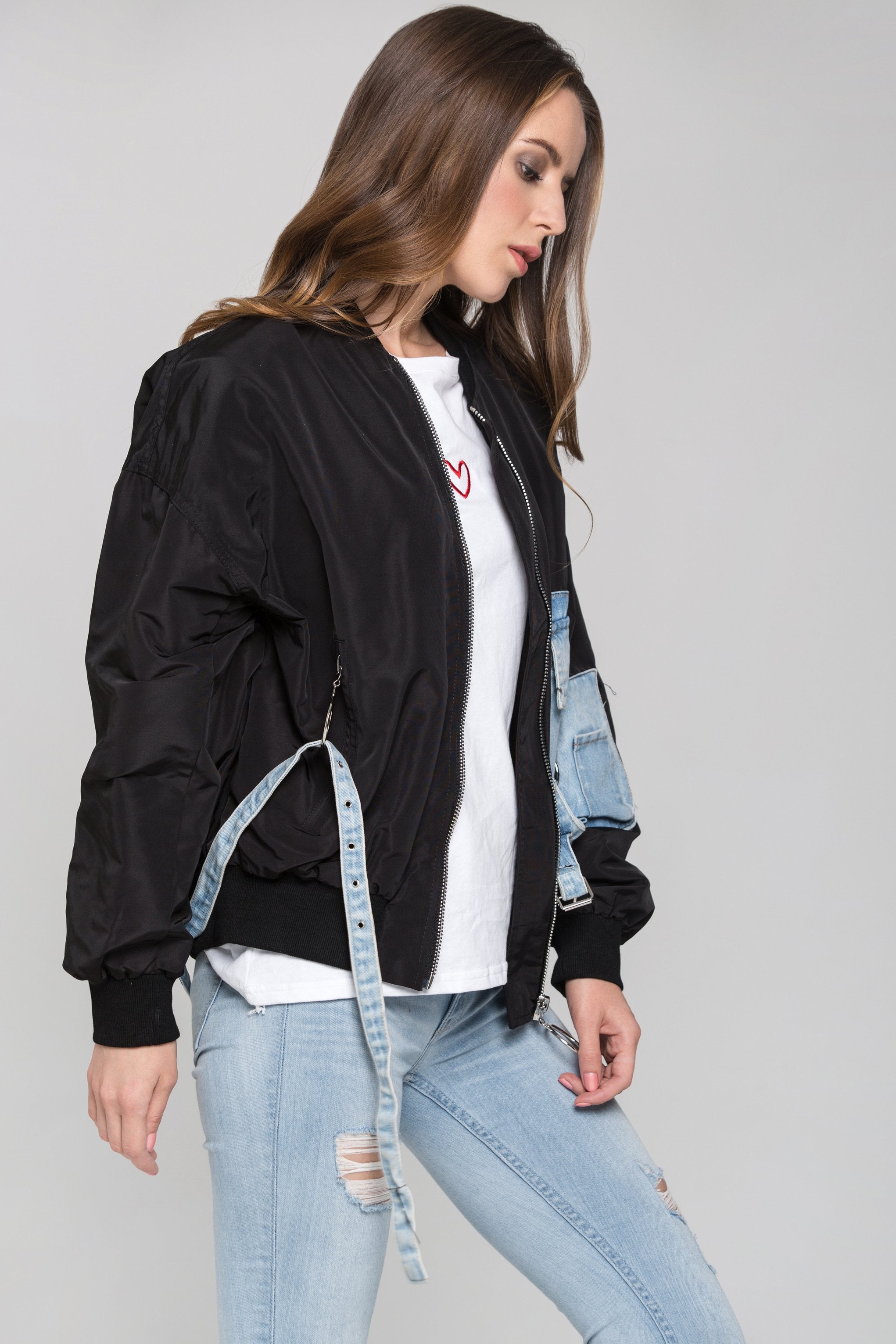 Black and Denim Panel Bomber Jacket