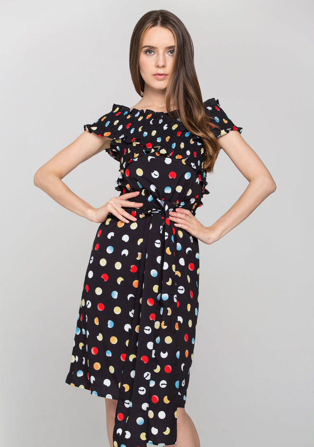 Black and Rainbow Polka dot Cross Body Midi Dress