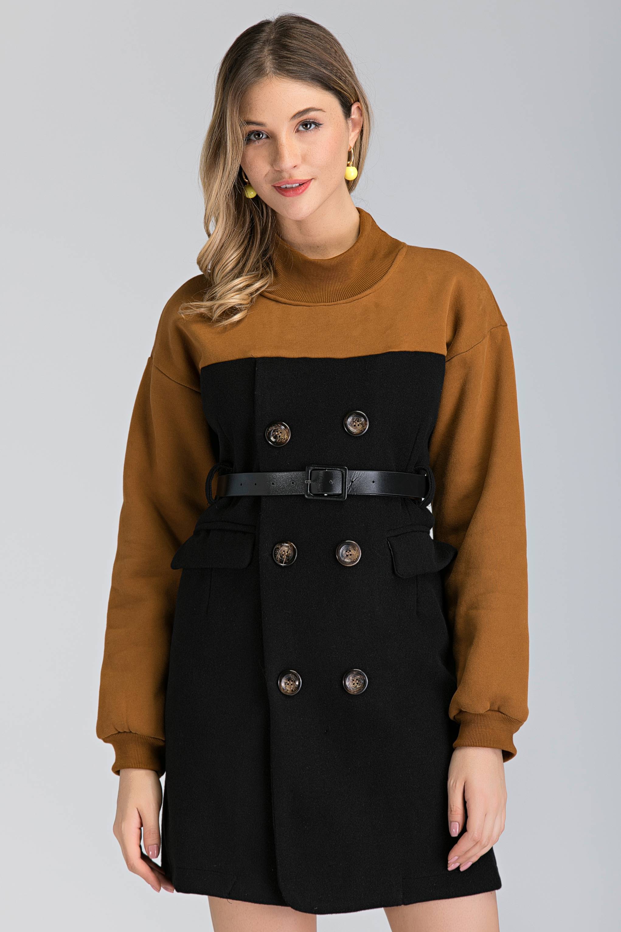 Black and Tan Sleeve Double Button Midi Dress