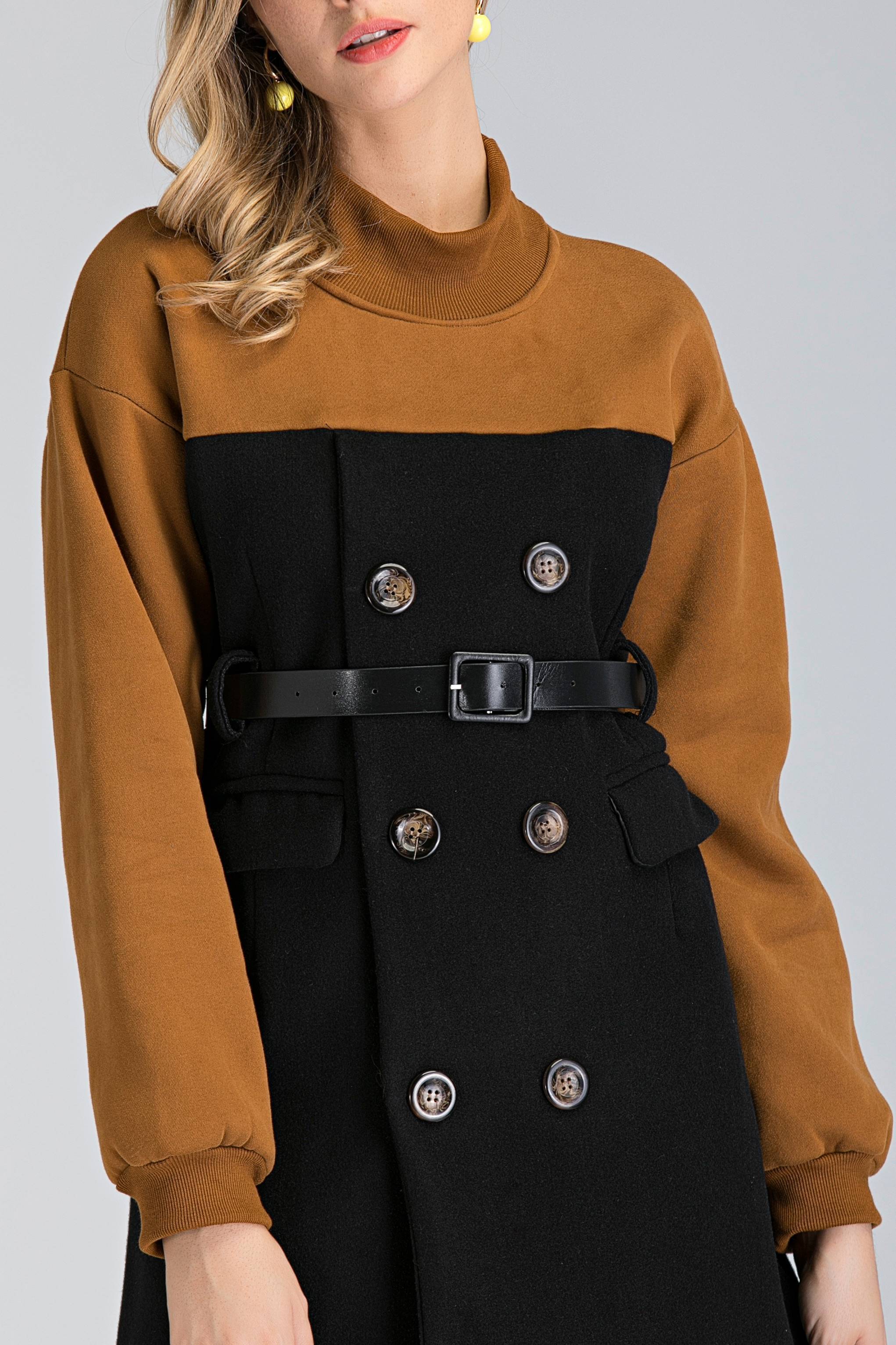 Black and Tan Sleeve Double Button Midi Dress