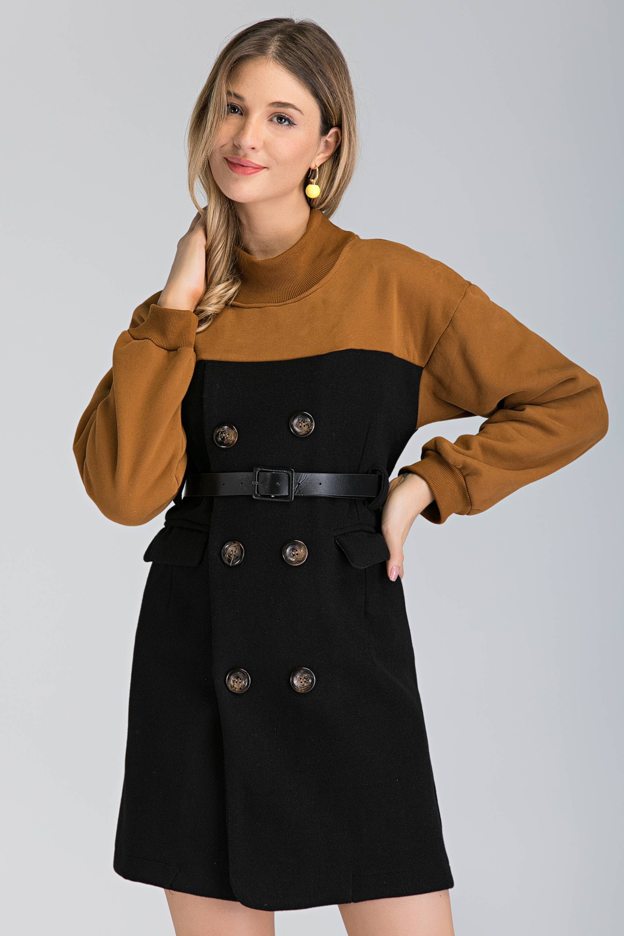 Black and Tan Sleeve Double Button Midi Dress