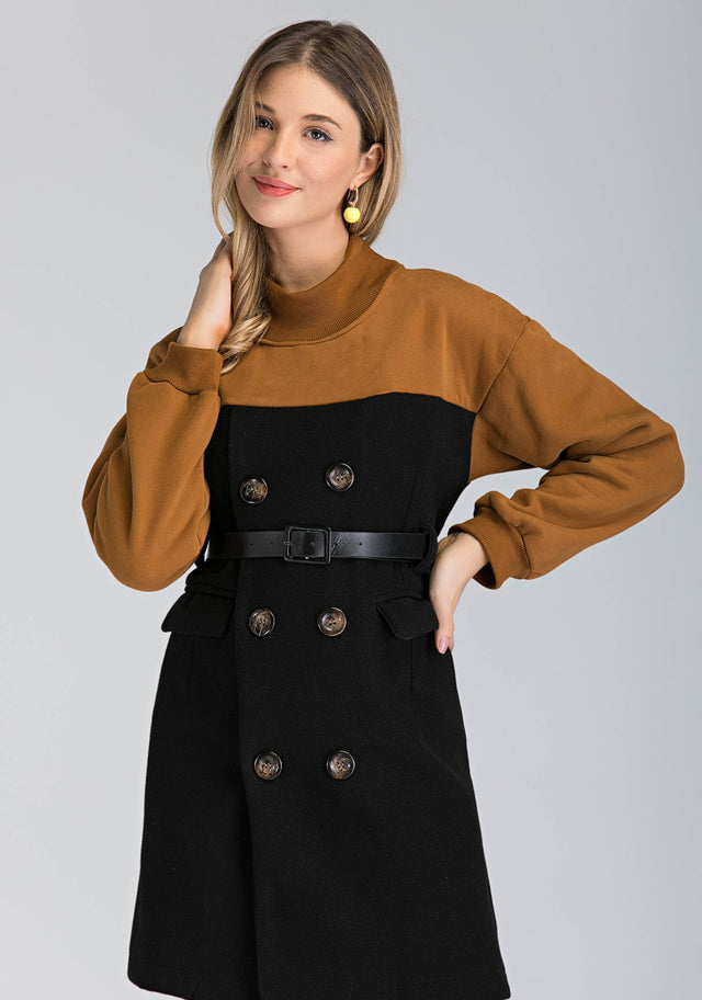 Black and Tan Sleeve Double Button Midi Dress