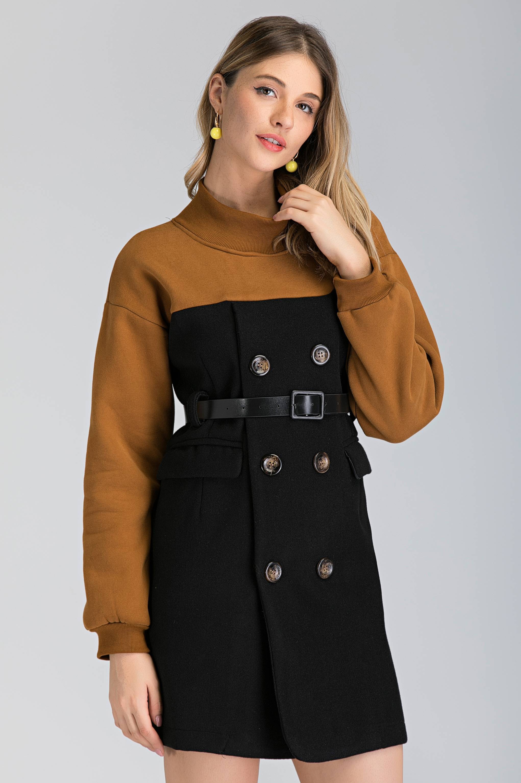 Black and Tan Sleeve Double Button Midi Dress