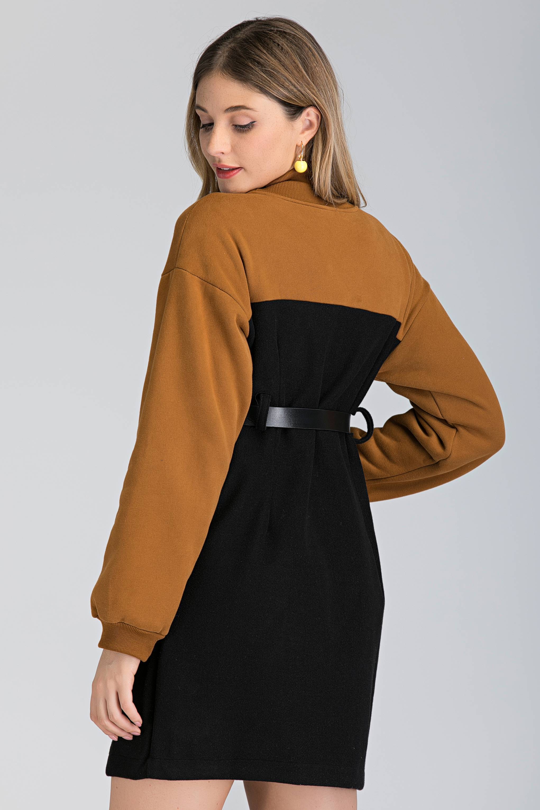 Black and Tan Sleeve Double Button Midi Dress
