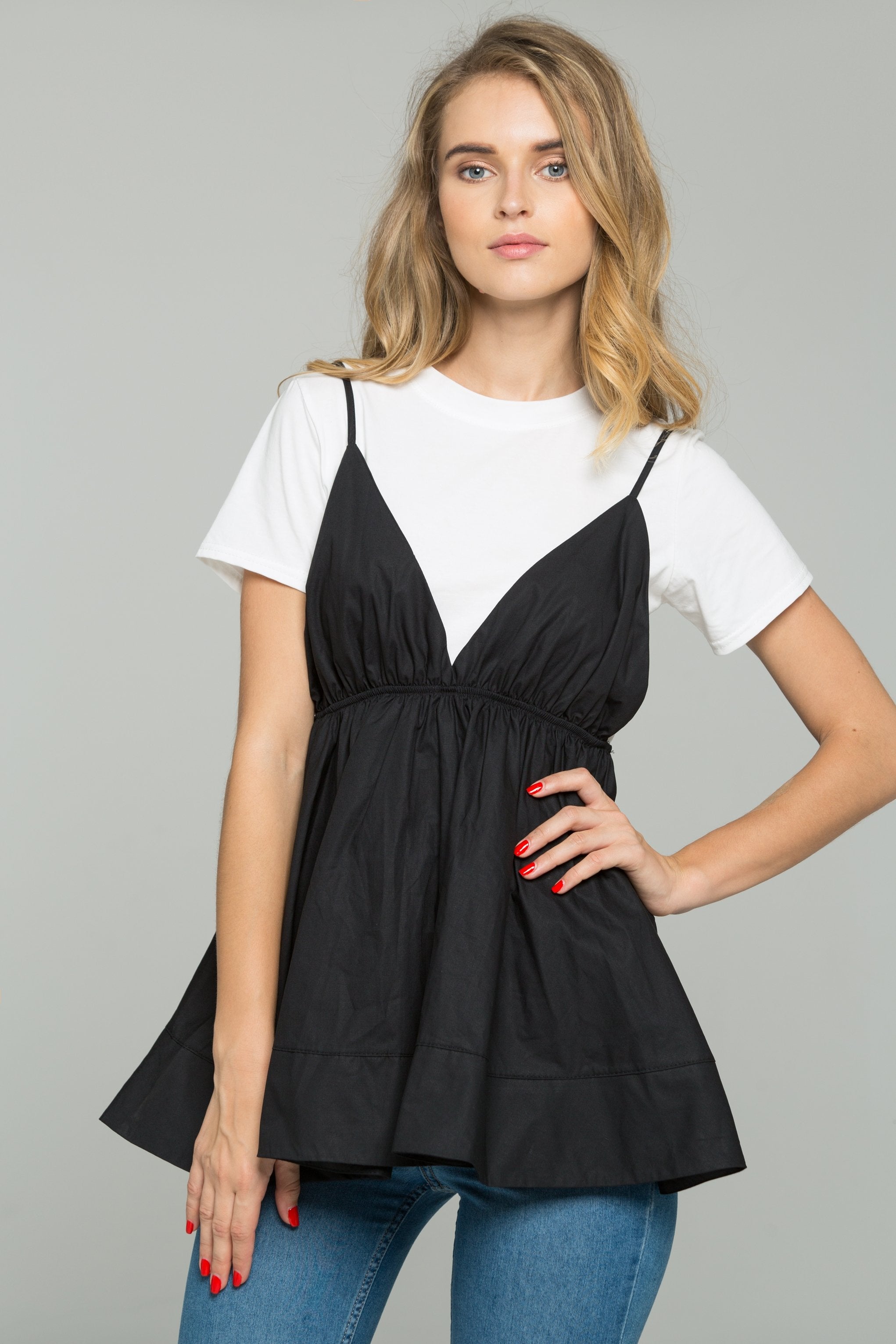 Black and White Babydoll Spaghetti Strap Top Set