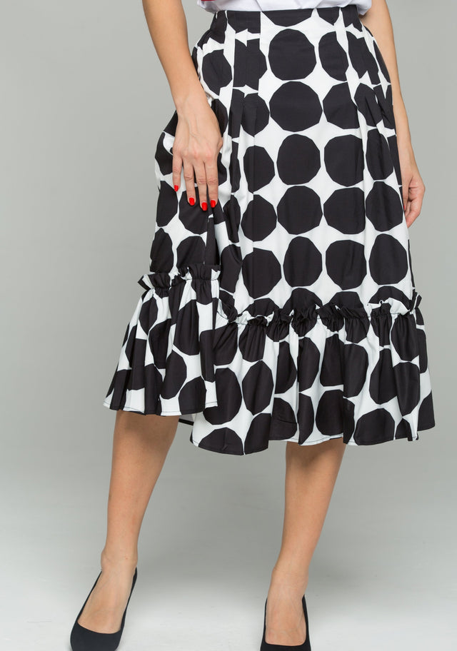 Black and White Big Polka Dot Print Ruffled Hem Flounce Skirt