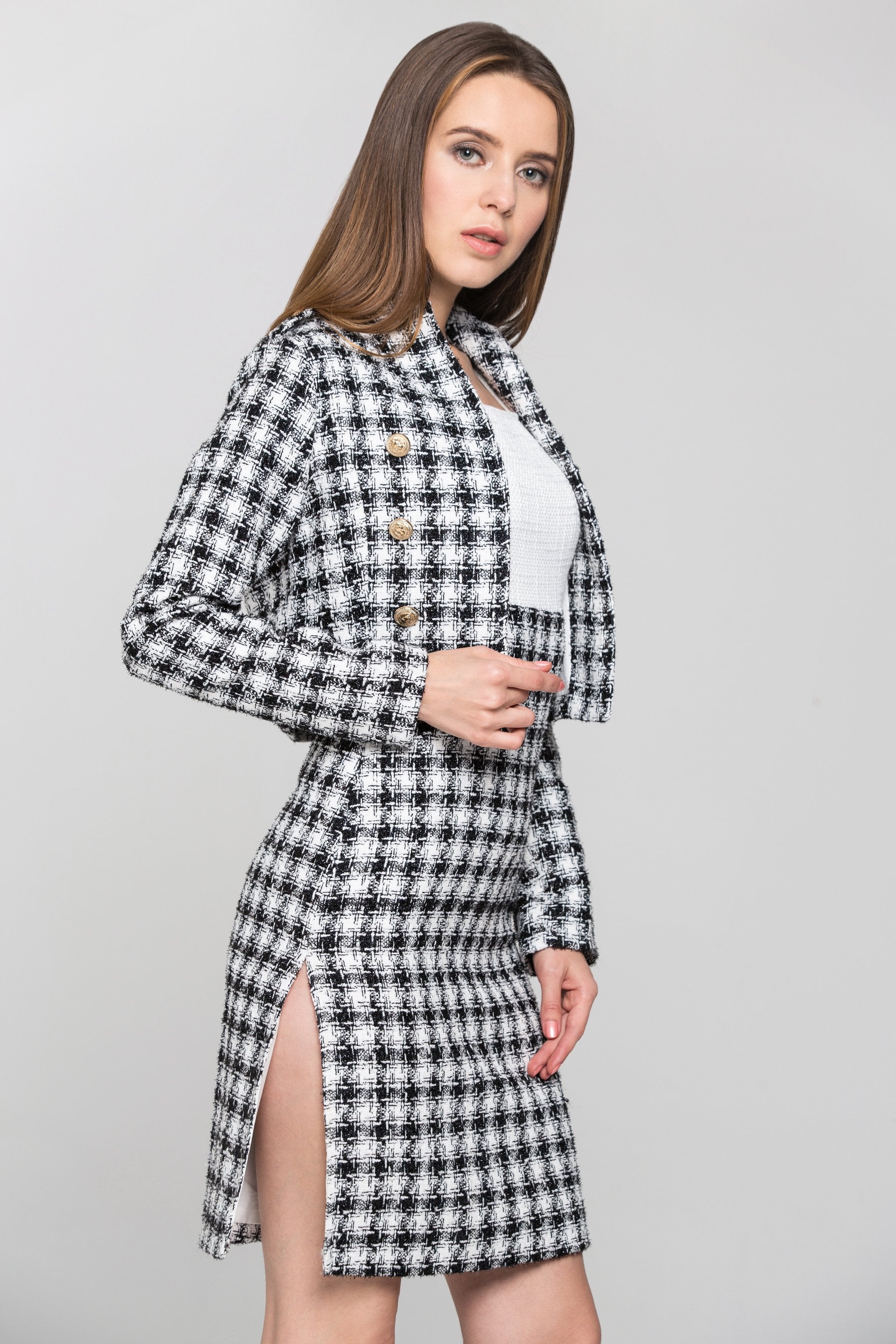 Black and White Check Tweed Dress and Blazer Set