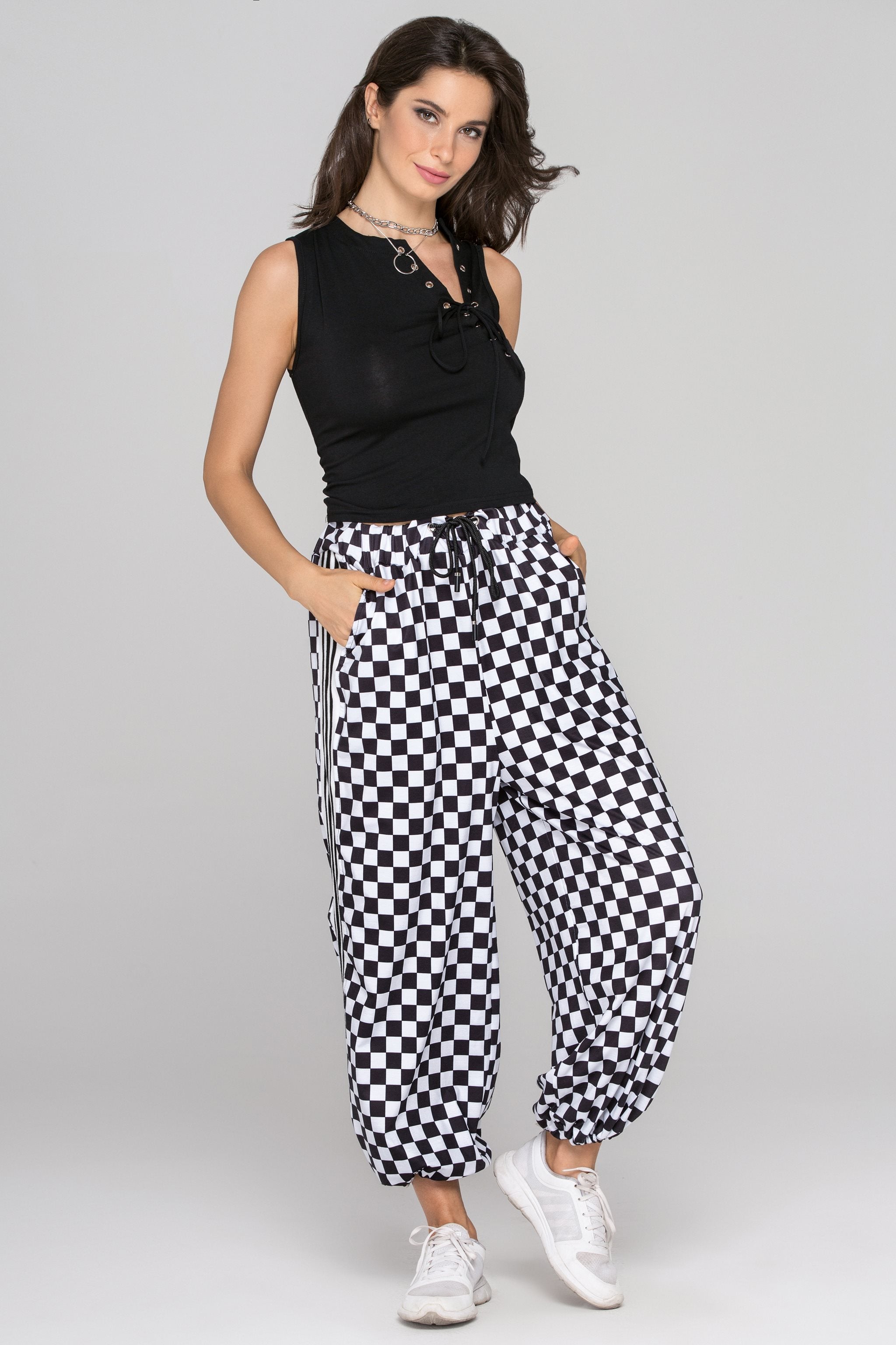 Black and White Checkered Drawstring Joggers