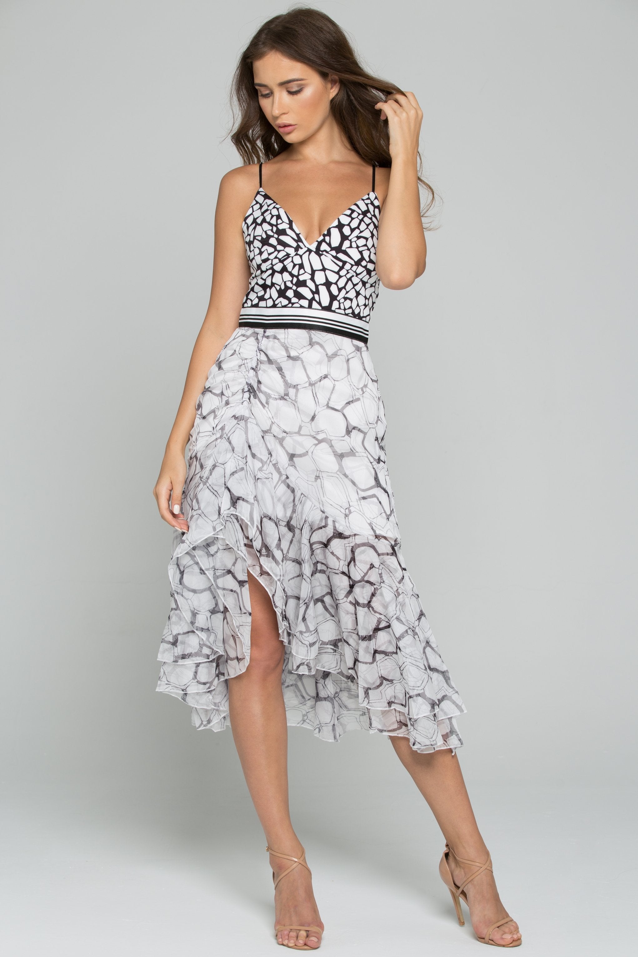 Black and White Chiffon Spaghetti Strap Asymmetrical Ruffled Sundress