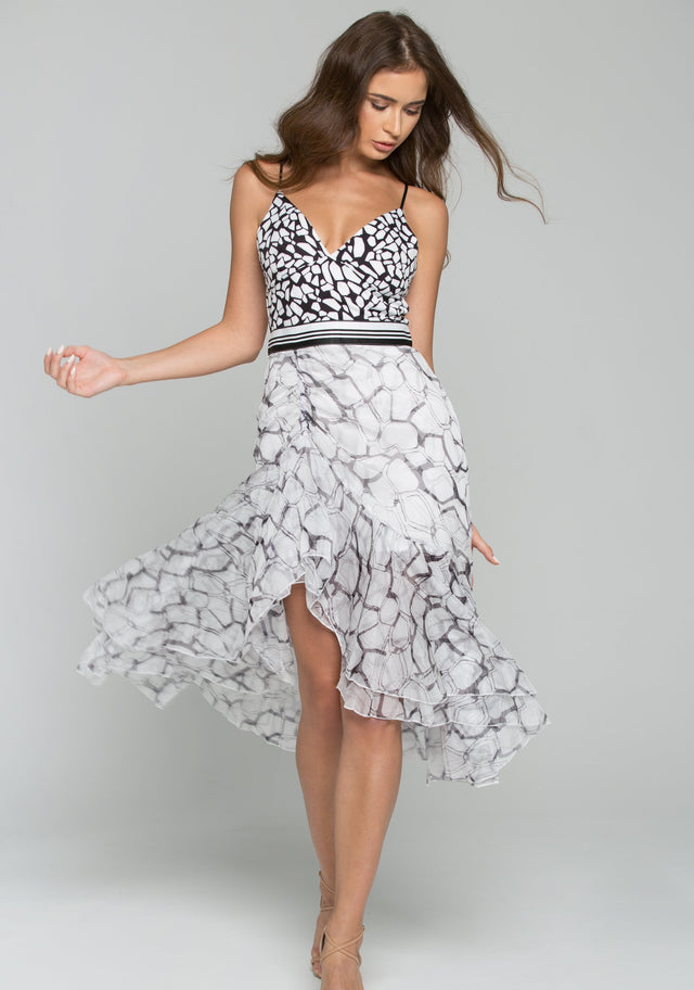 Black and White Chiffon Spaghetti Strap Asymmetrical Ruffled Sundress
