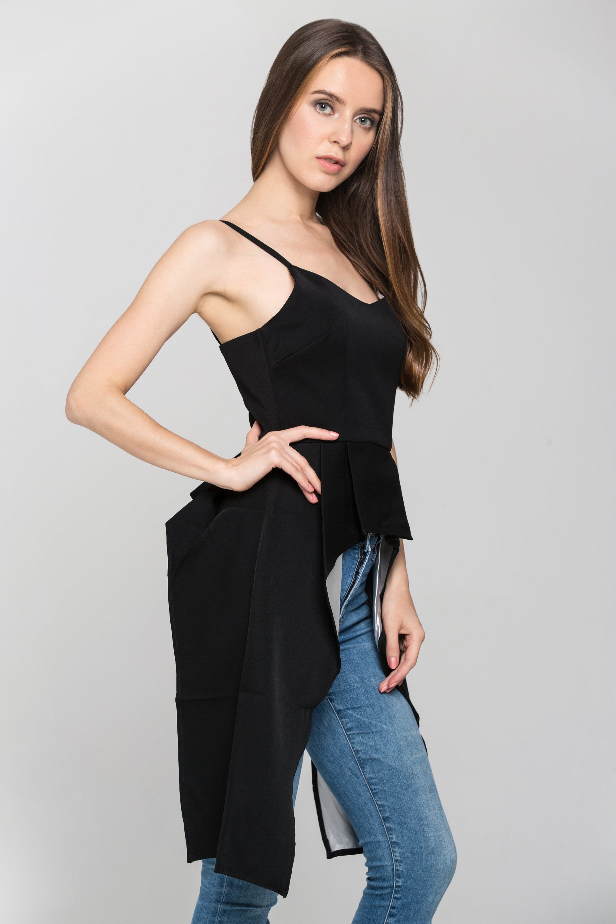 Black and White Contrast Side Drape Top