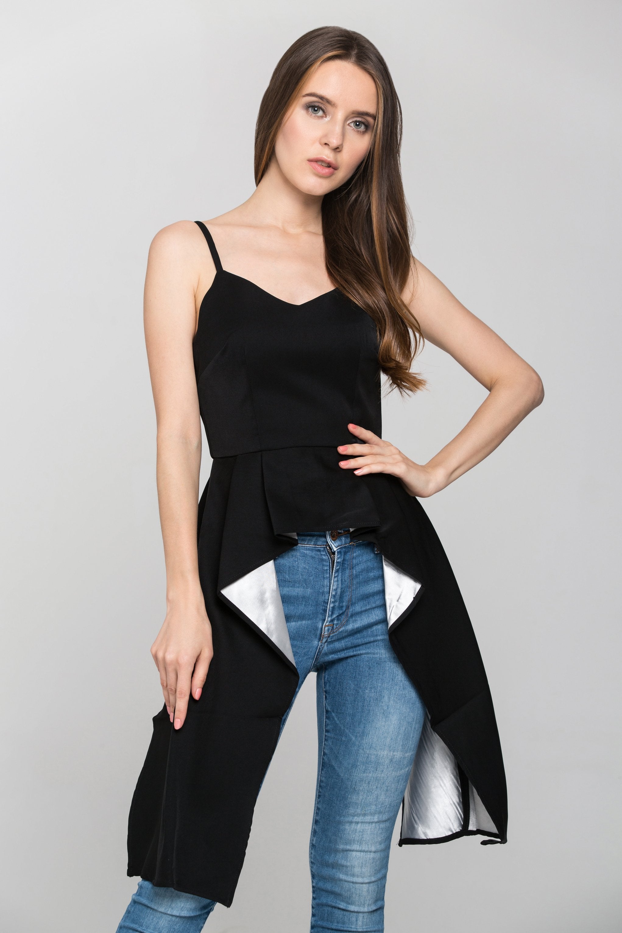 Black and White Contrast Side Drape Top