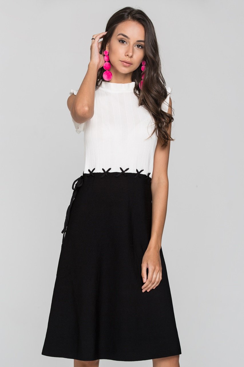 Black and White Cross Stich Waist Midi Dress