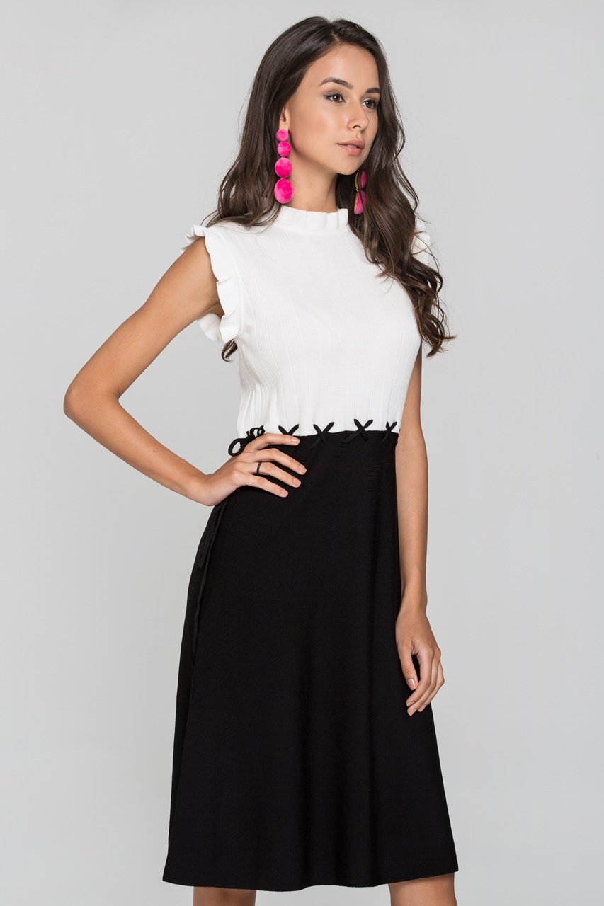 Black and White Cross Stich Waist Midi Dress