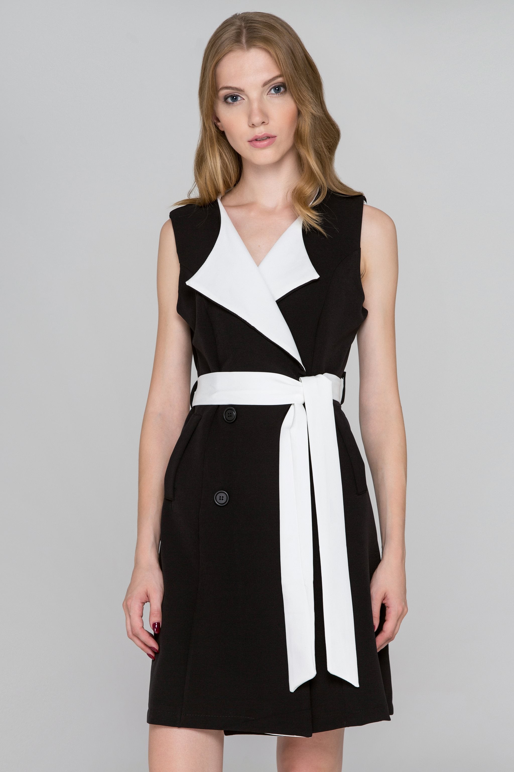 Black and White Double Button Vest Dress