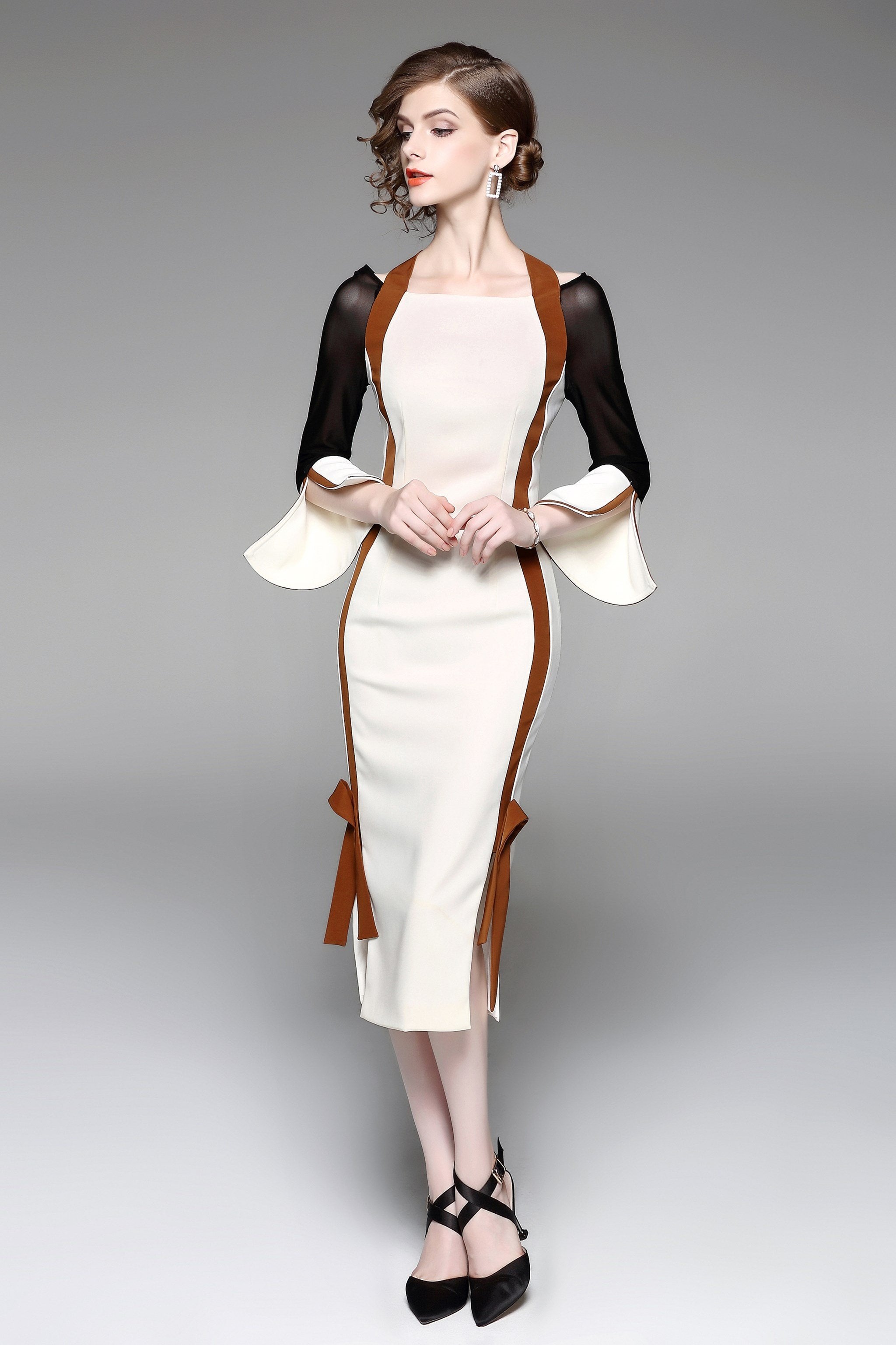 Black and White Mocha Trim Cold Shoulder Midi Dress
