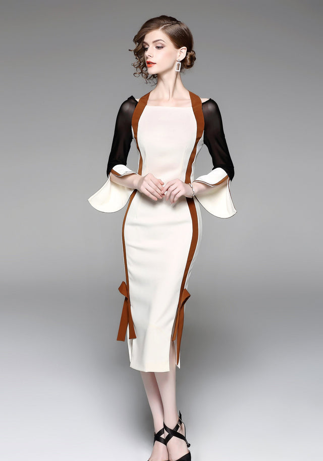 Black and White Mocha Trim Cold Shoulder Midi Dress