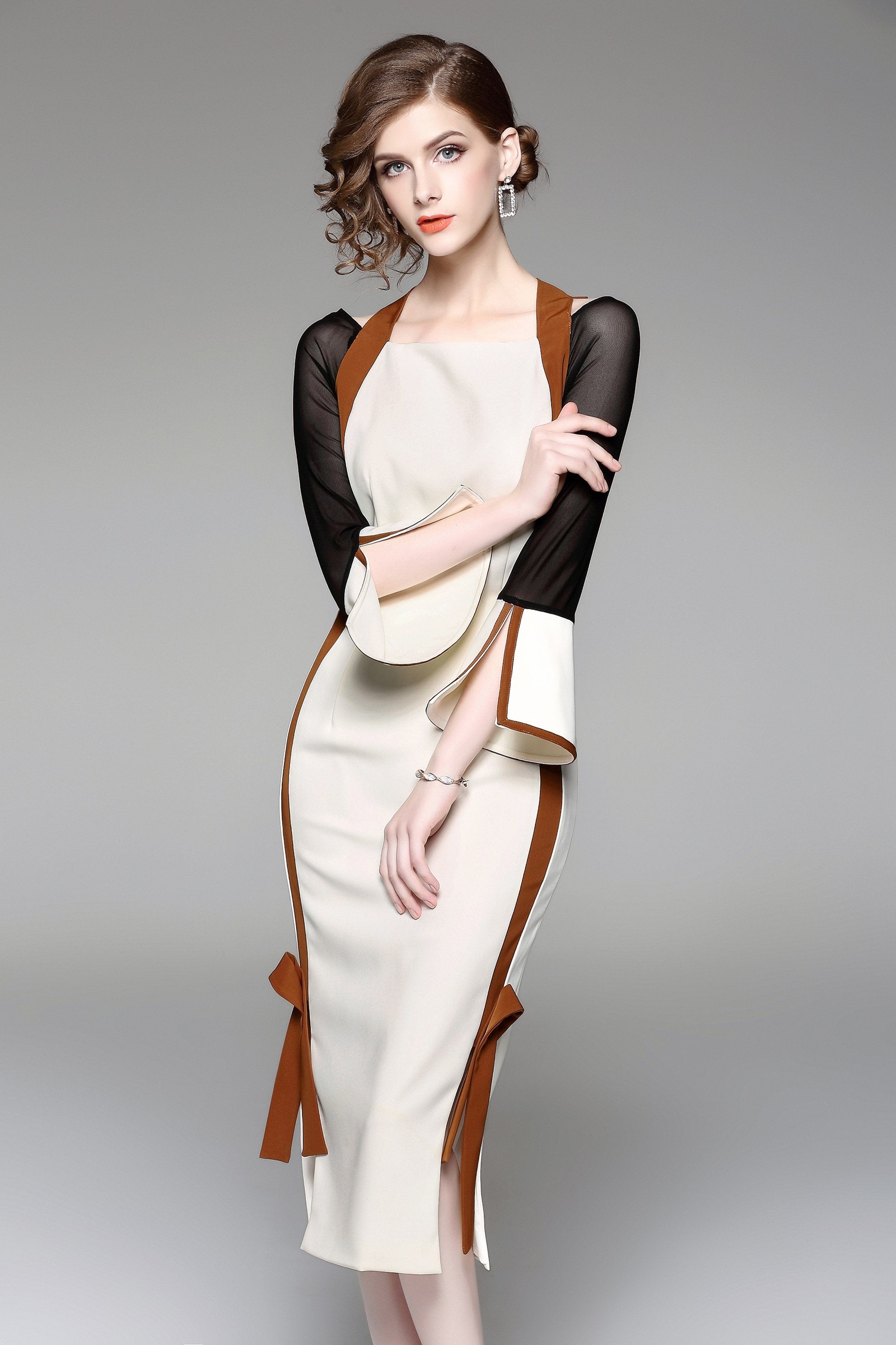 Black and White Mocha Trim Cold Shoulder Midi Dress