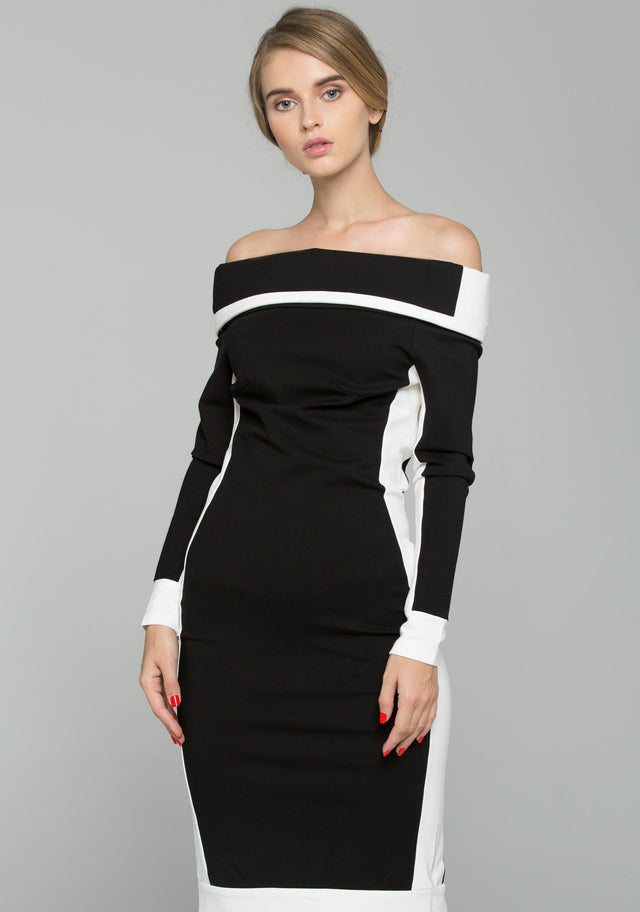 Black and White Off-The-Shoulder Long Sleeved Midi Sheath Dress