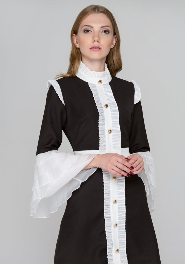 Black and White Pleated Ruffle Bell Sleeve Midi Dress