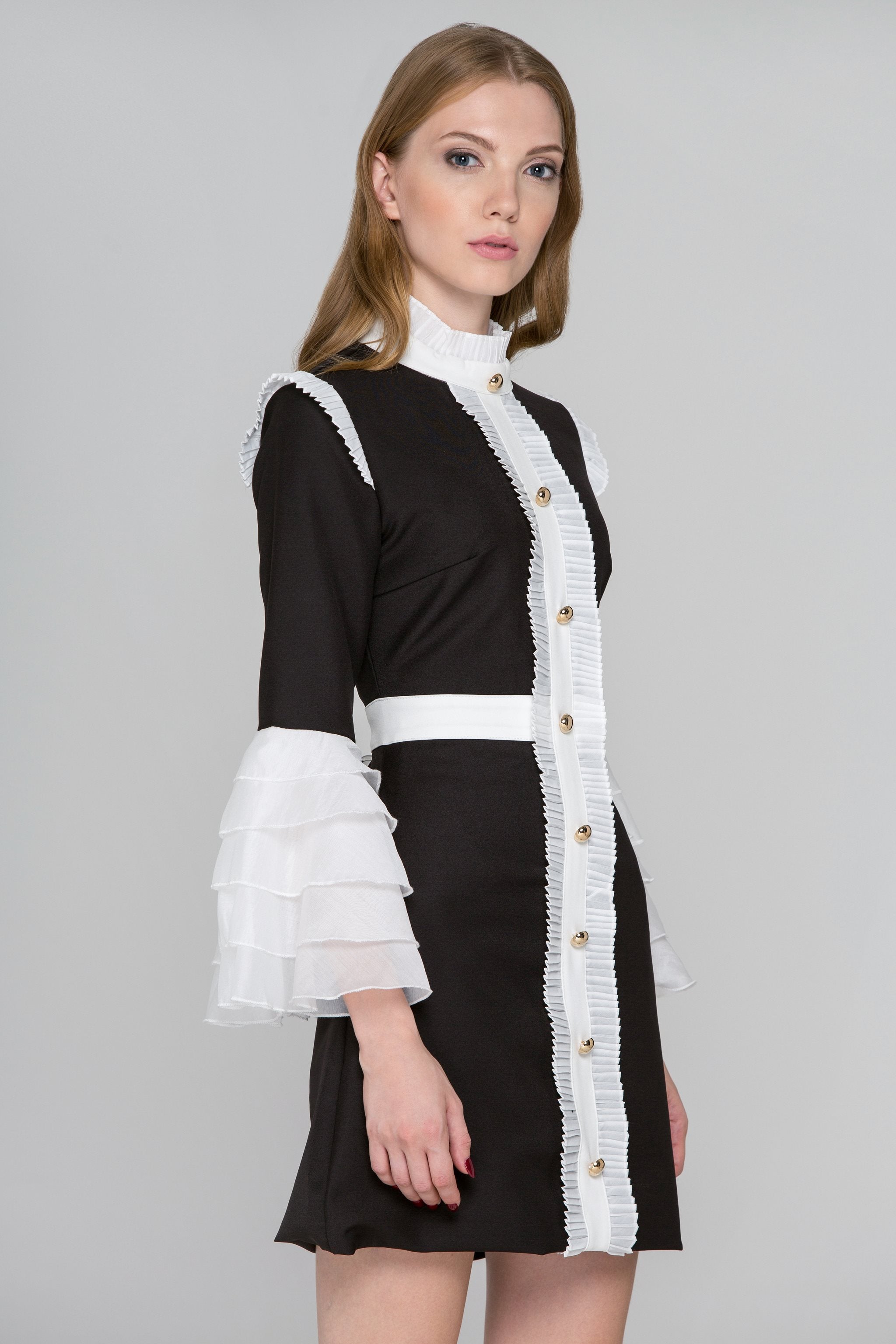 Black and White Pleated Ruffle Bell Sleeve Midi Dress