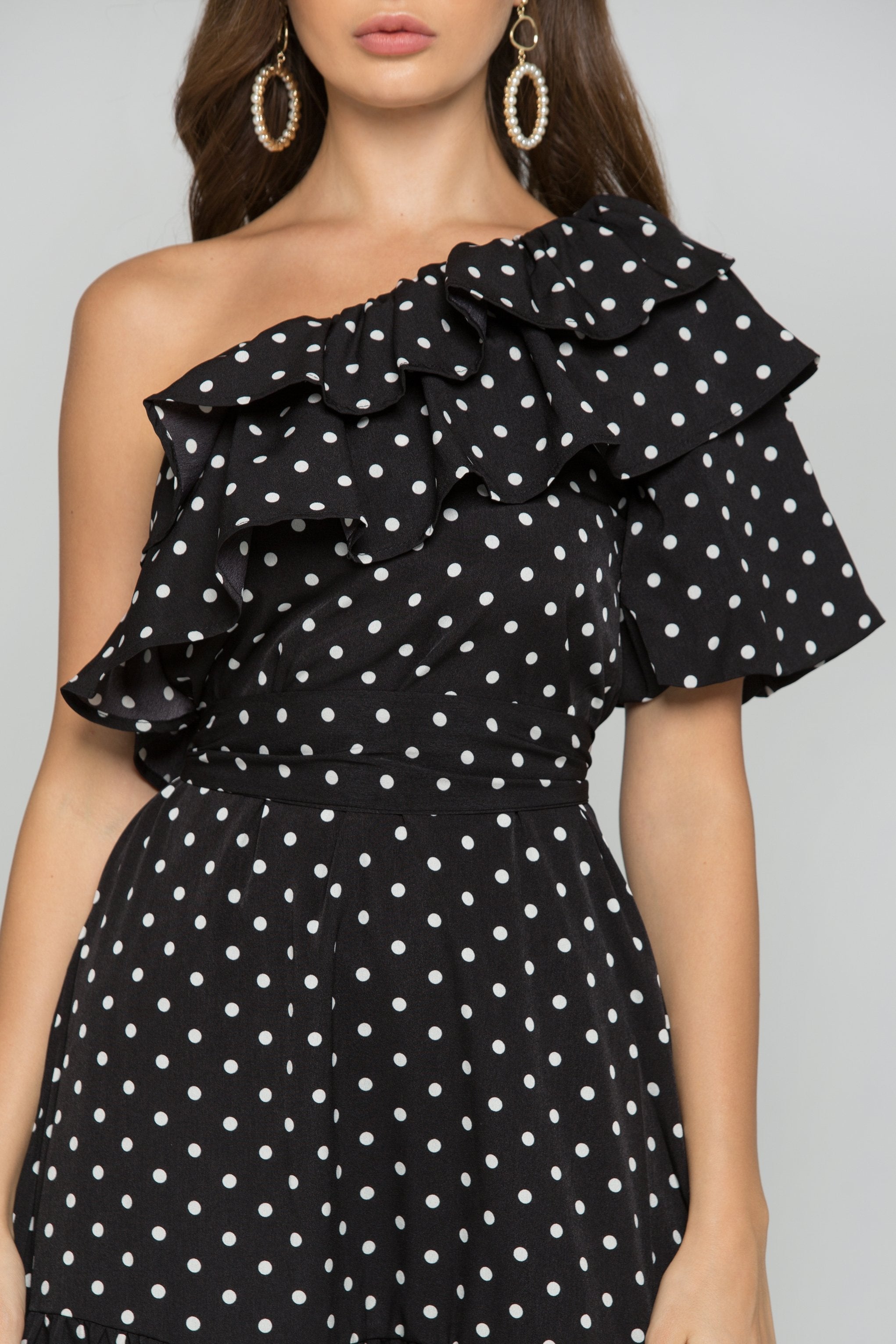 Black and White Polka Dot Print Ruffled Maxi Dress