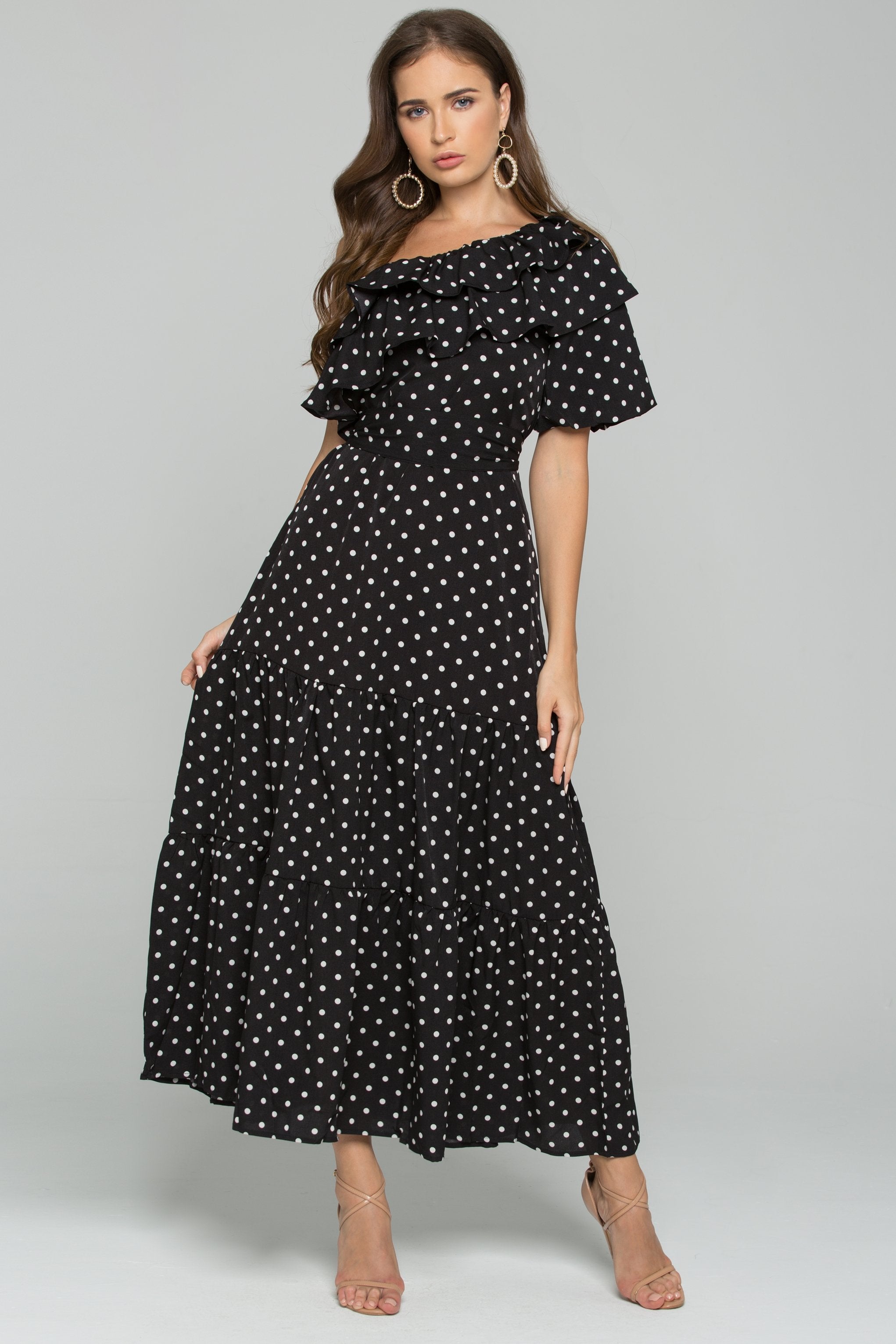 Black and White Polka Dot Print Ruffled Maxi Dress