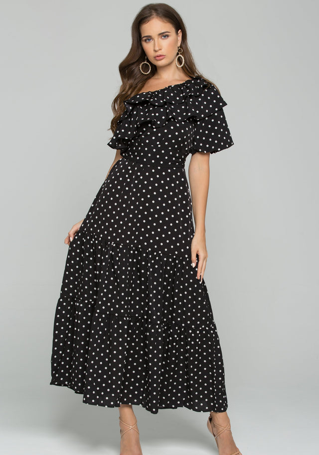 Black and White Polka Dot Print Ruffled Maxi Dress