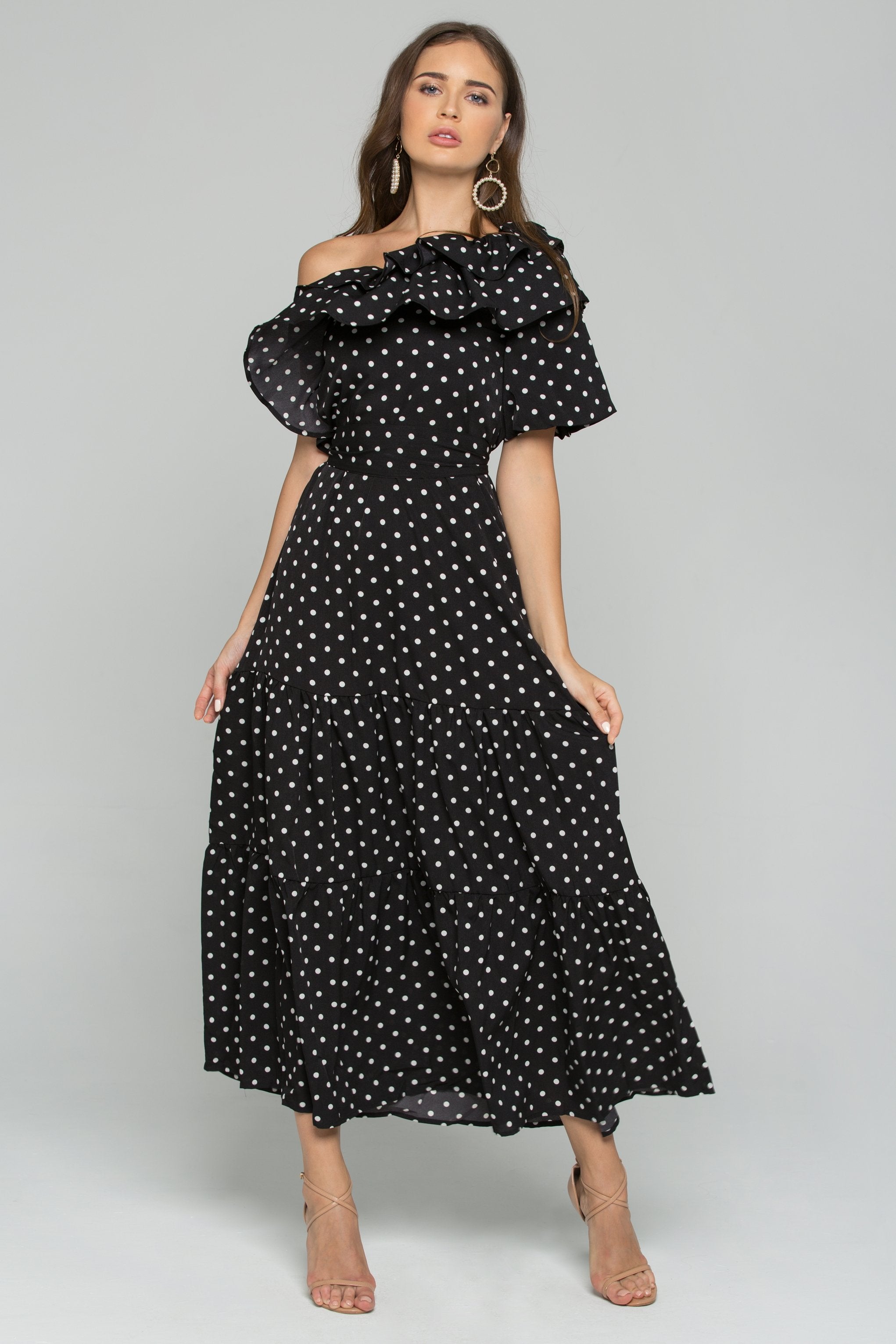 Black and White Polka Dot Print Ruffled Maxi Dress