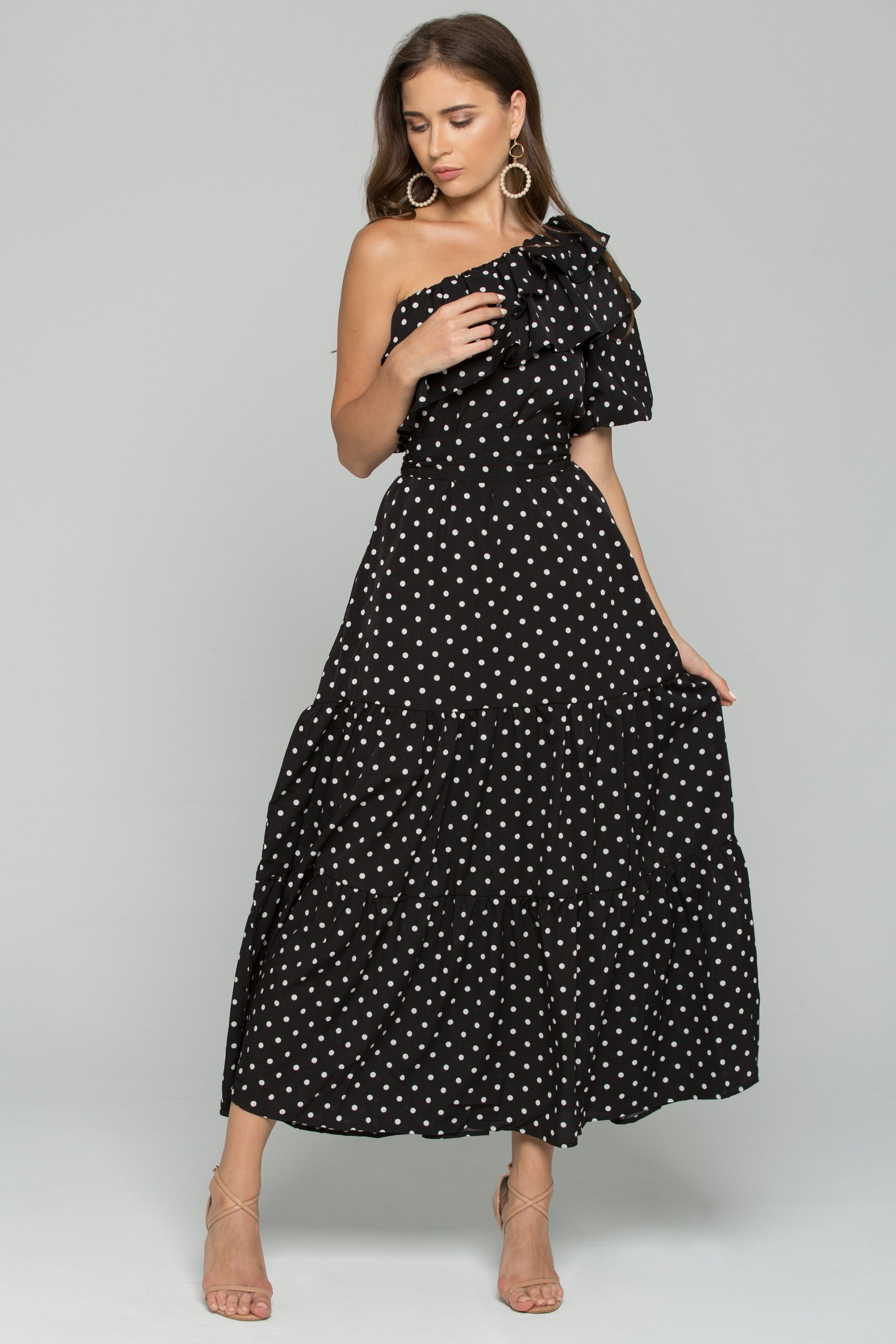 Black and White Polka Dot Print Ruffled Maxi Dress