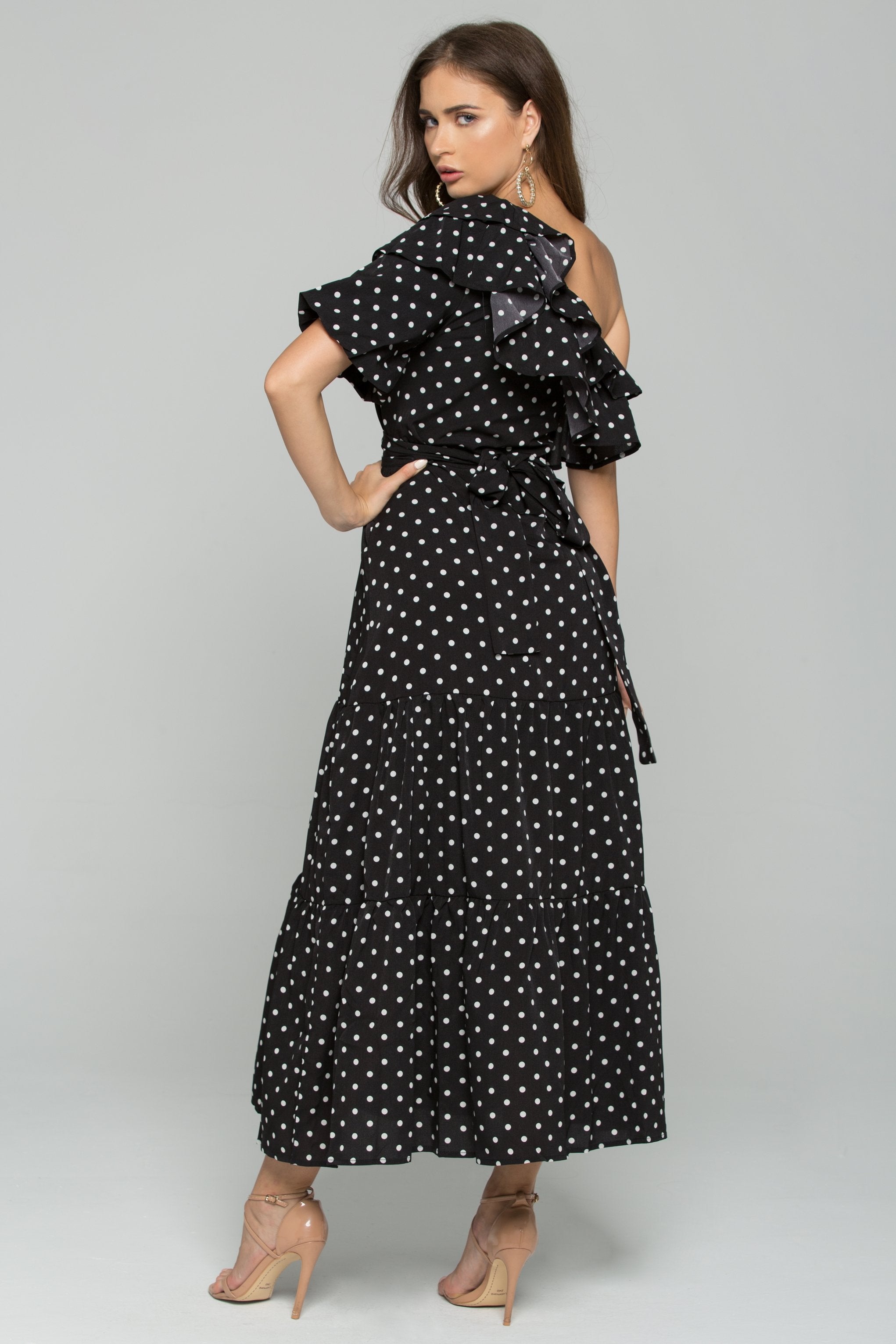 Black and White Polka Dot Print Ruffled Maxi Dress