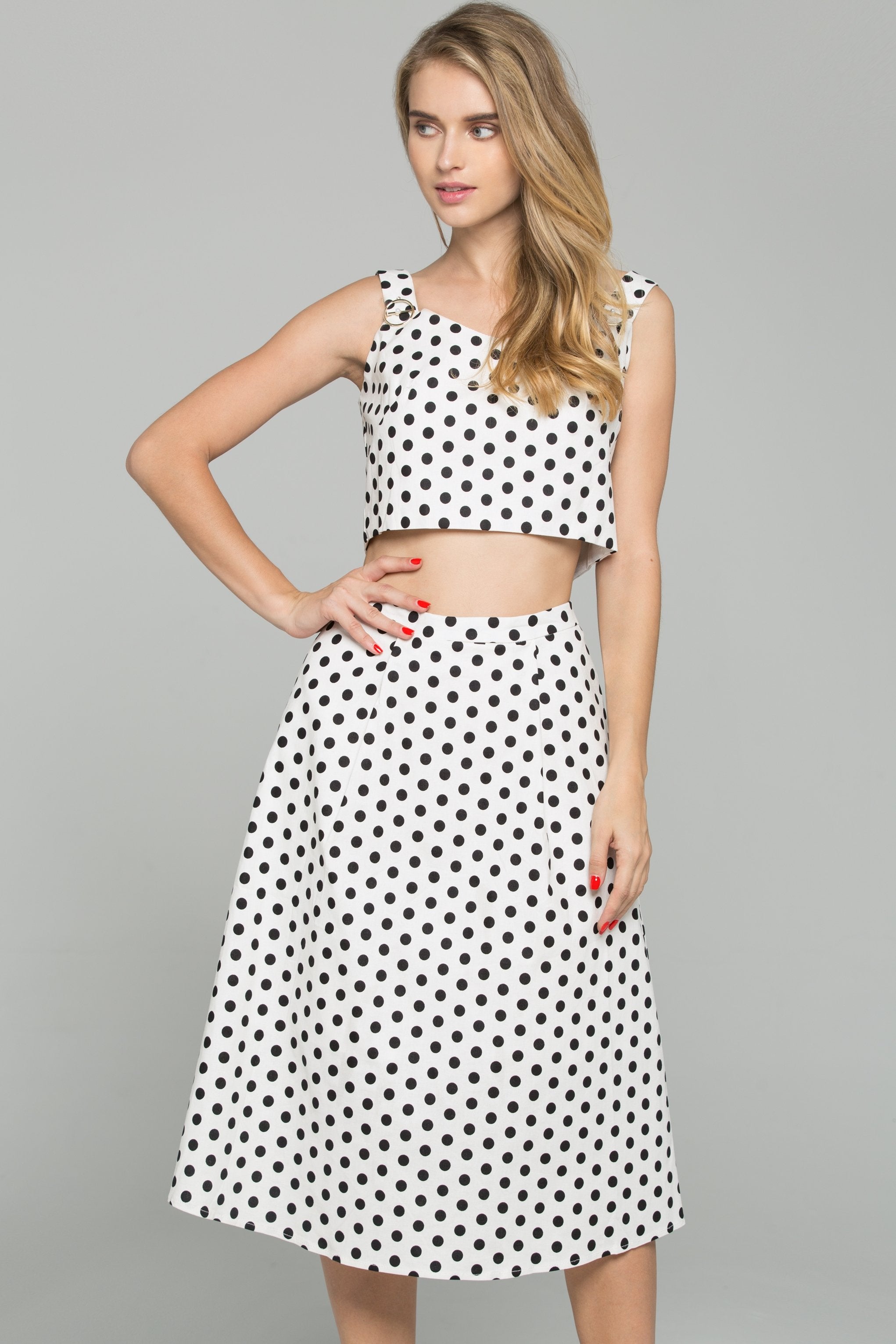 Black and White Polka Dot Sweetheart Neckline 2-piece Co-Ord Midi Dress